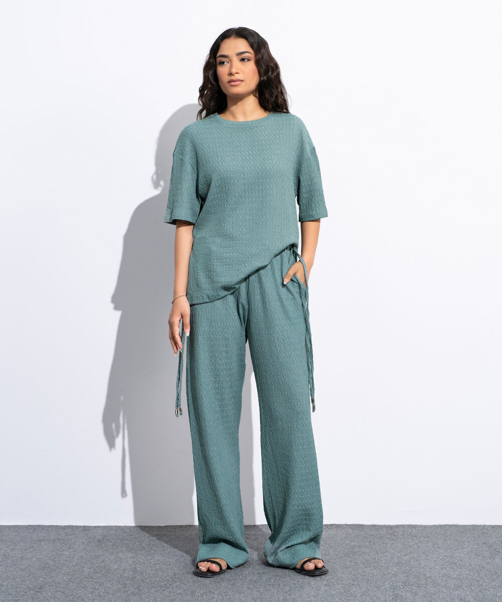 Women's Teal Green Pull-On  Textured Trousers With Tie Detail