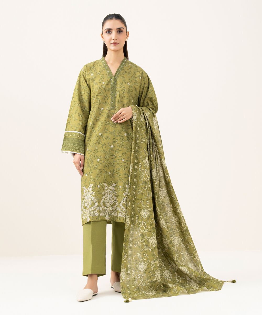 Women's Unstitched Khaddar Embroidered Green 2 Piece Suit