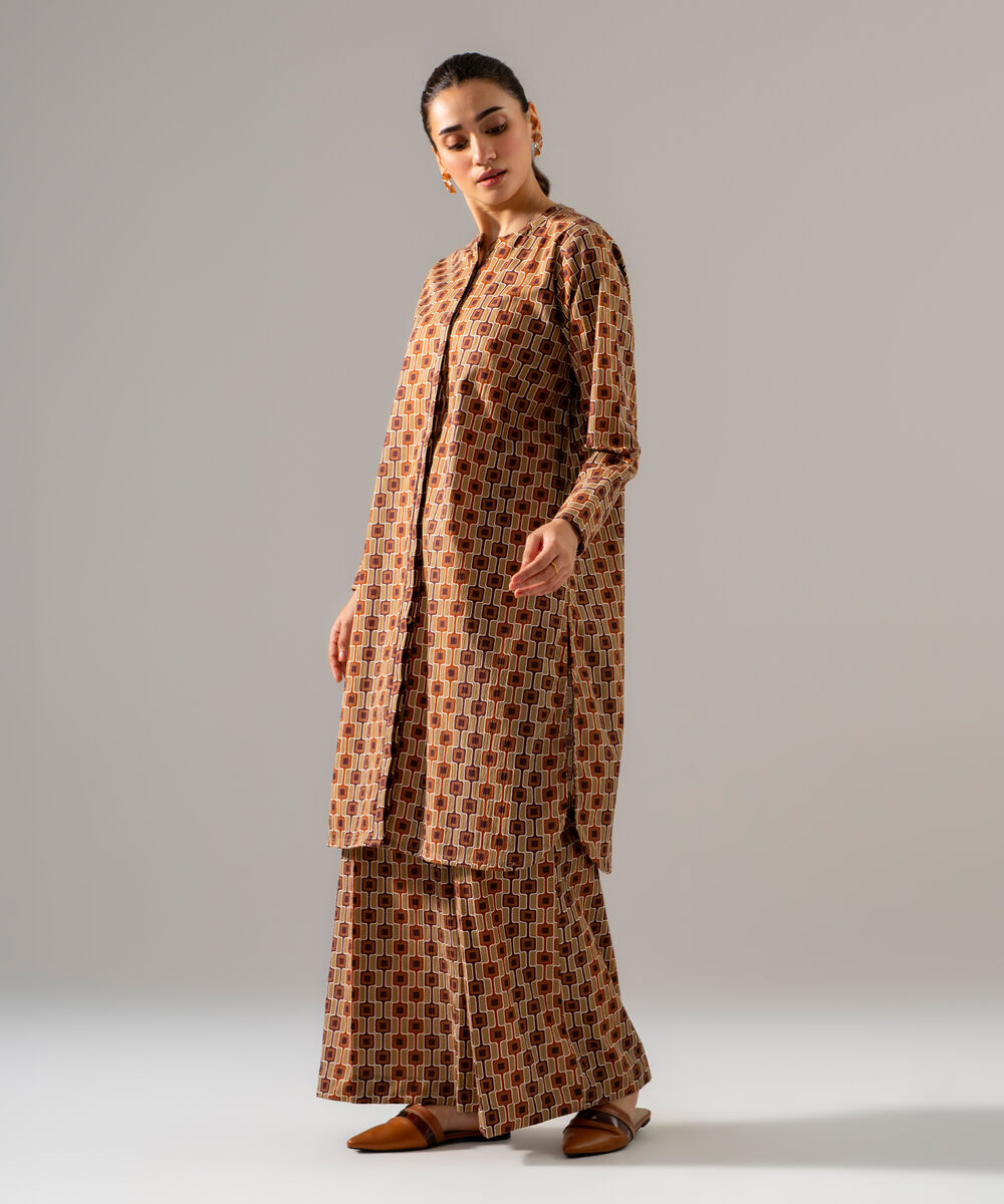 Women's RTW Seersucker Printed Brown 2 Piece Suit