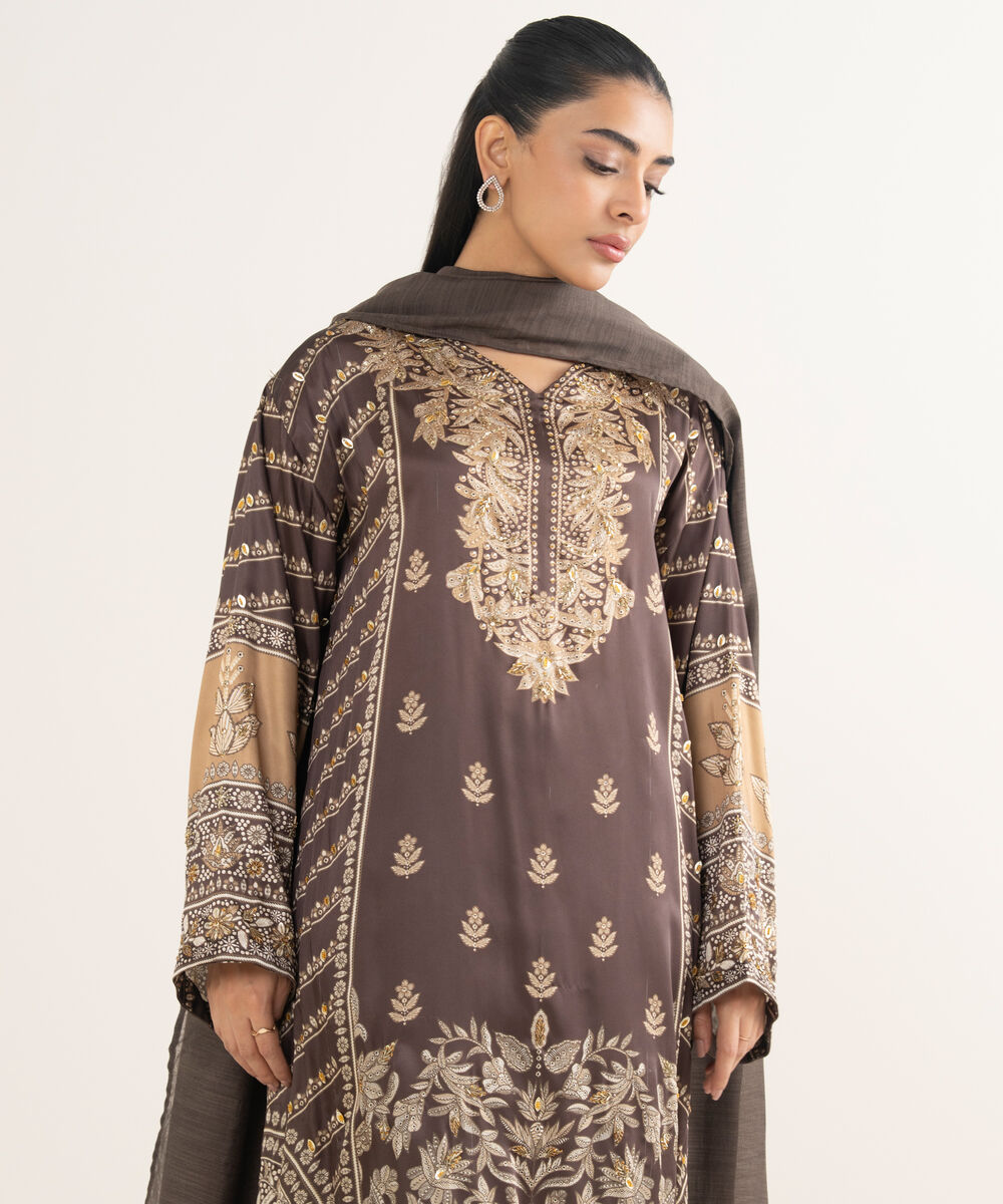 Women's RTW Blended Satin Embroidered Brown 3 Piece Suit