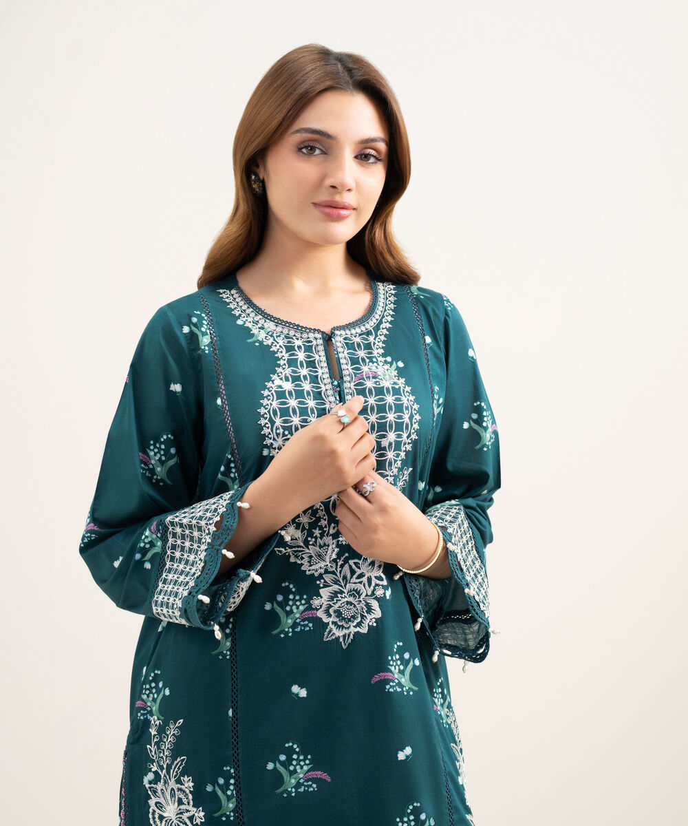 Women's RTW Lawn Embroidered Teal A-Line Shirt