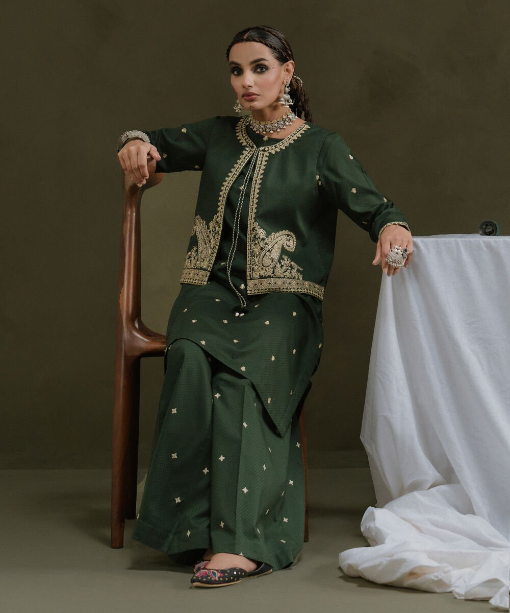 Embroidered Cotton Sharara Women's RTW Textured Cotton Green Embroidered Trousers