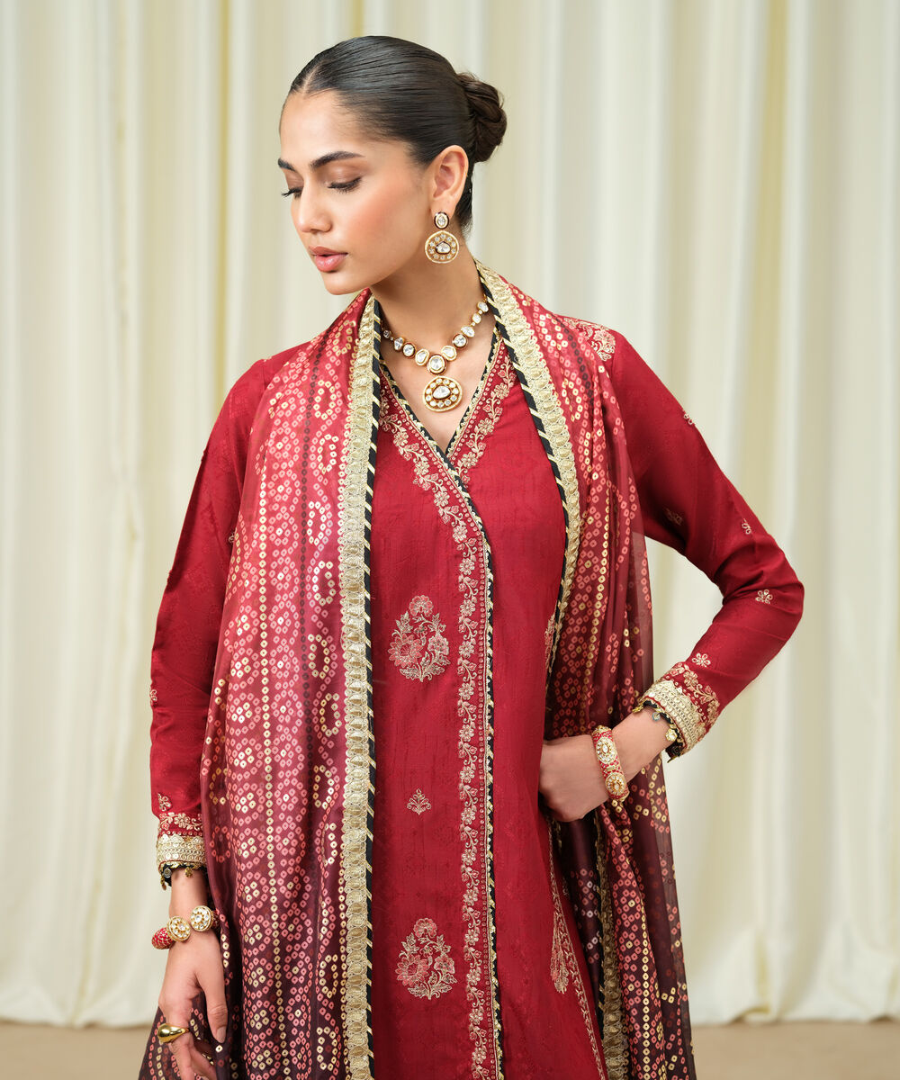 Women's Unstitched Embroidered Viscose Jacquard Red 3 Piece Suit