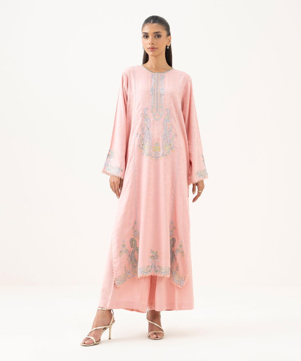 Women's RTW Textured Viscose Embroidered A-Line Pink Shirt