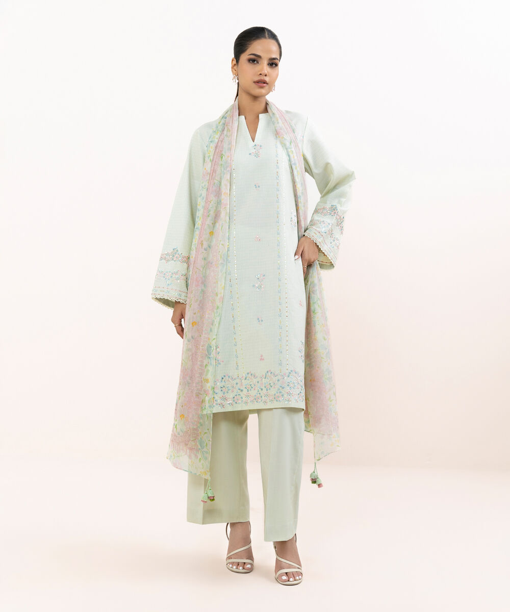 Women's Unstitched Linen Jacquard Dyed Three Piece Suit