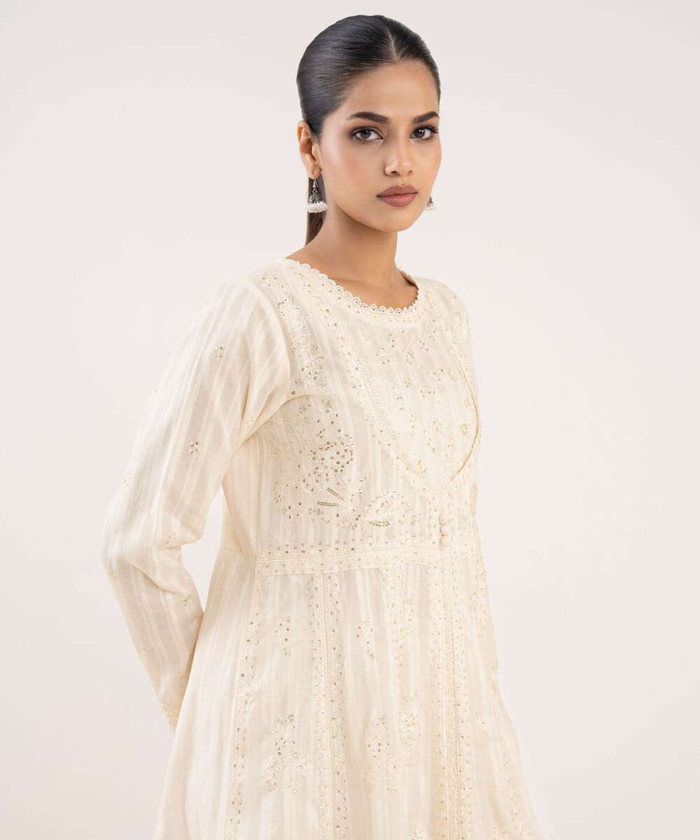 Women's RTW Textured Lawn Off White Embroidered Pishwas