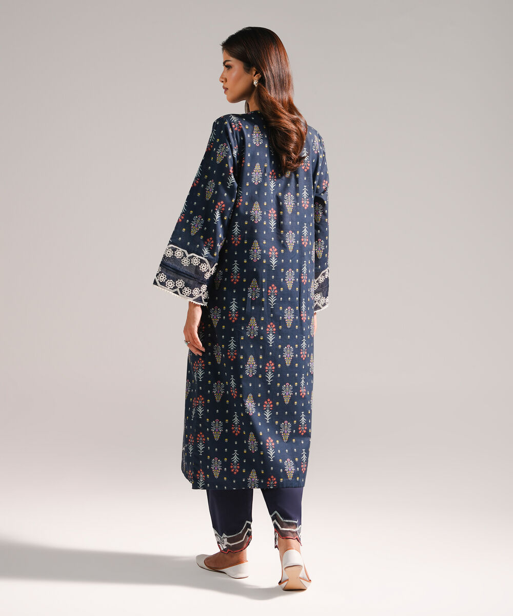 Women's RTW Slub Lawn Embroidered Dark Blue Straight Shirt