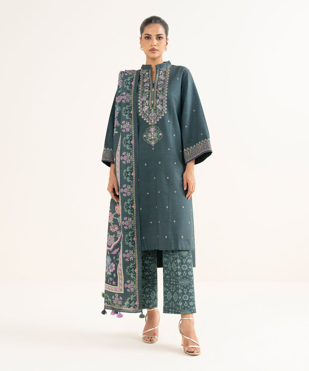 Women's Unstitched Khaddar Embroidered Green 3 Piece Suit