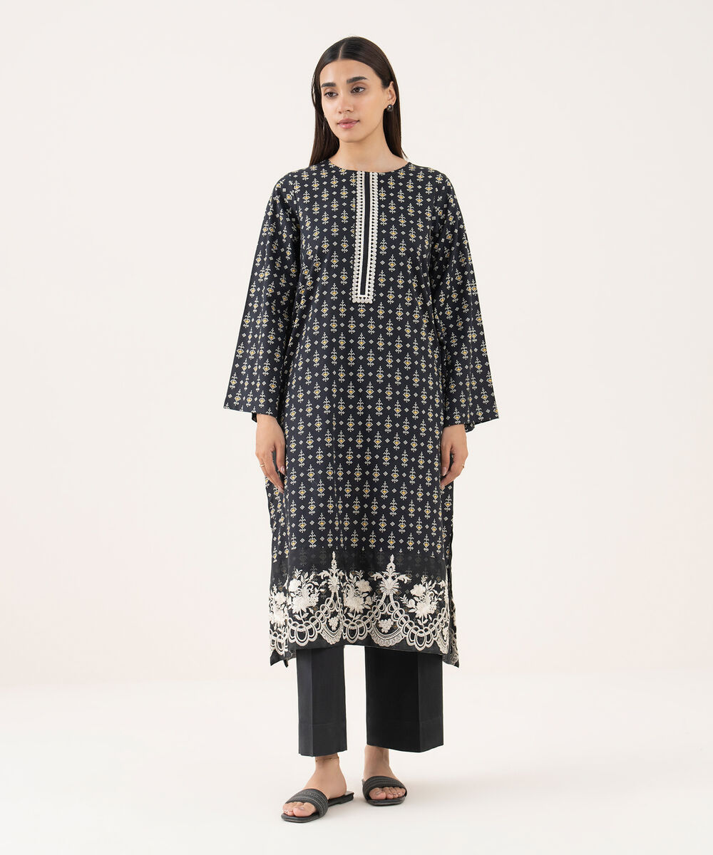 Women's RTW Lawn Black Embroidered A-Line Shirt