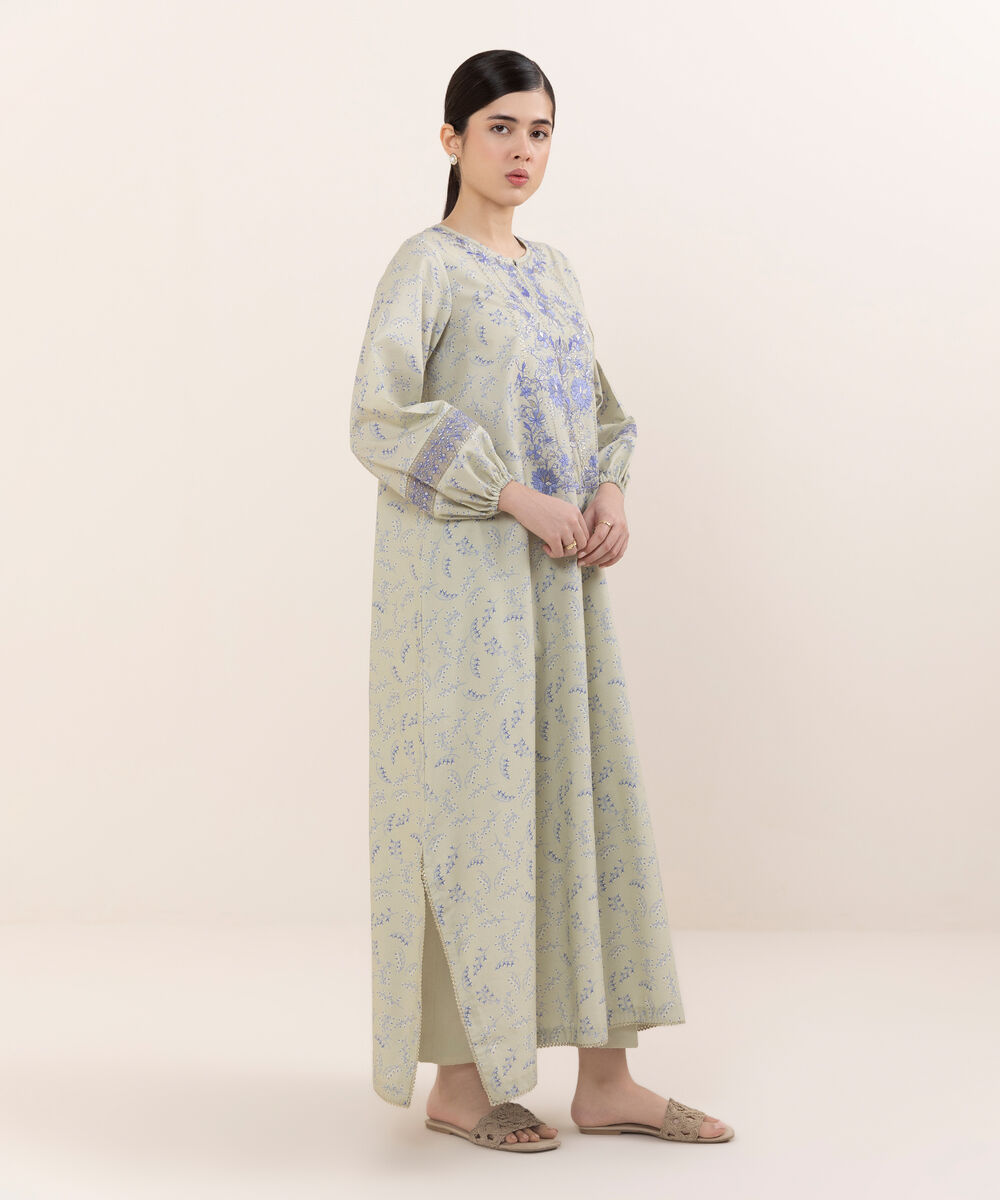 Women's Unstitched Cotton Embroidered Green Two Piece Suit