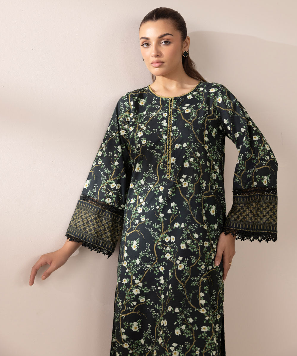 Women's RTW Lawn Black Printed A-Line Shirt