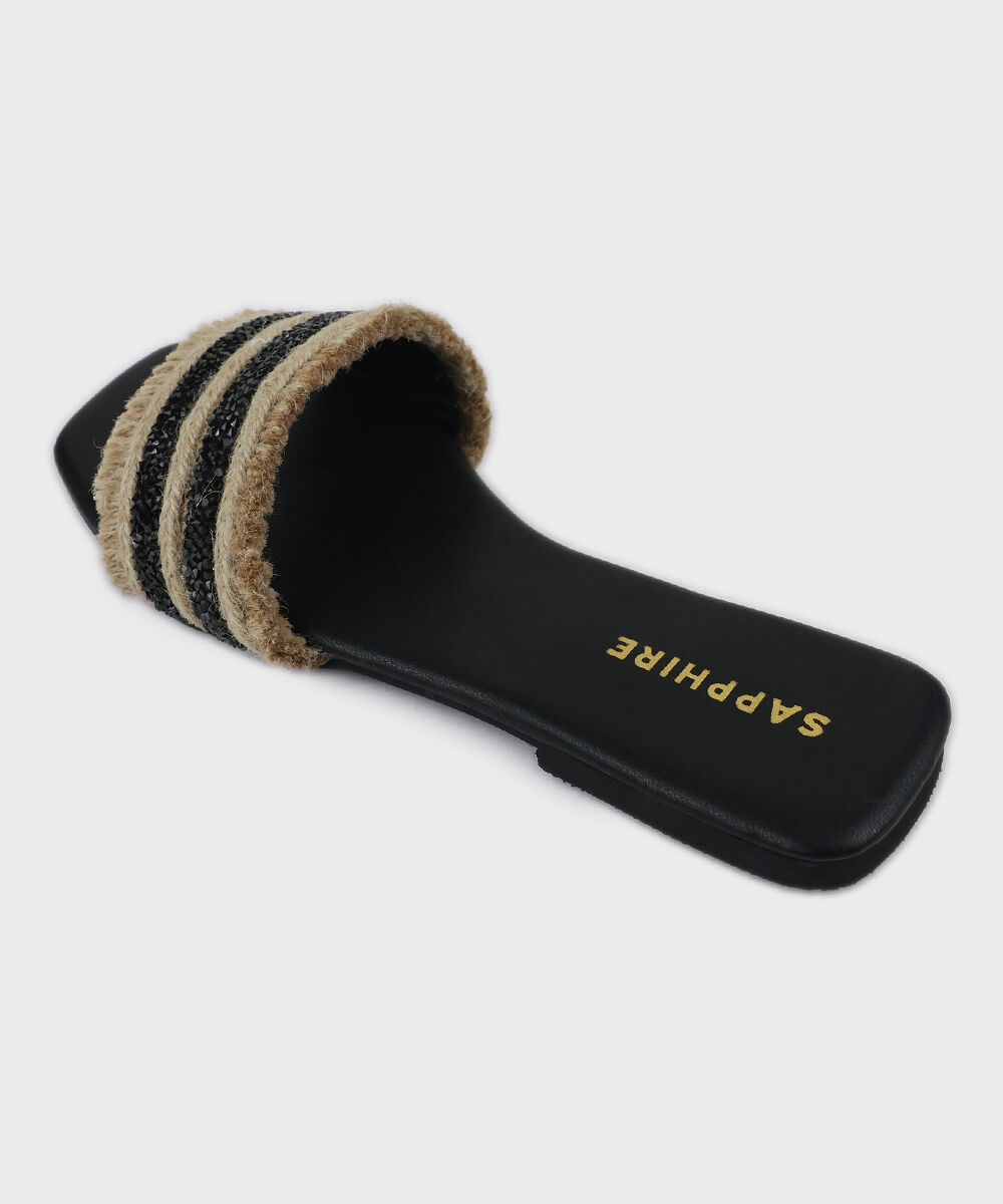 Woman - Black Embellished Jute Flats