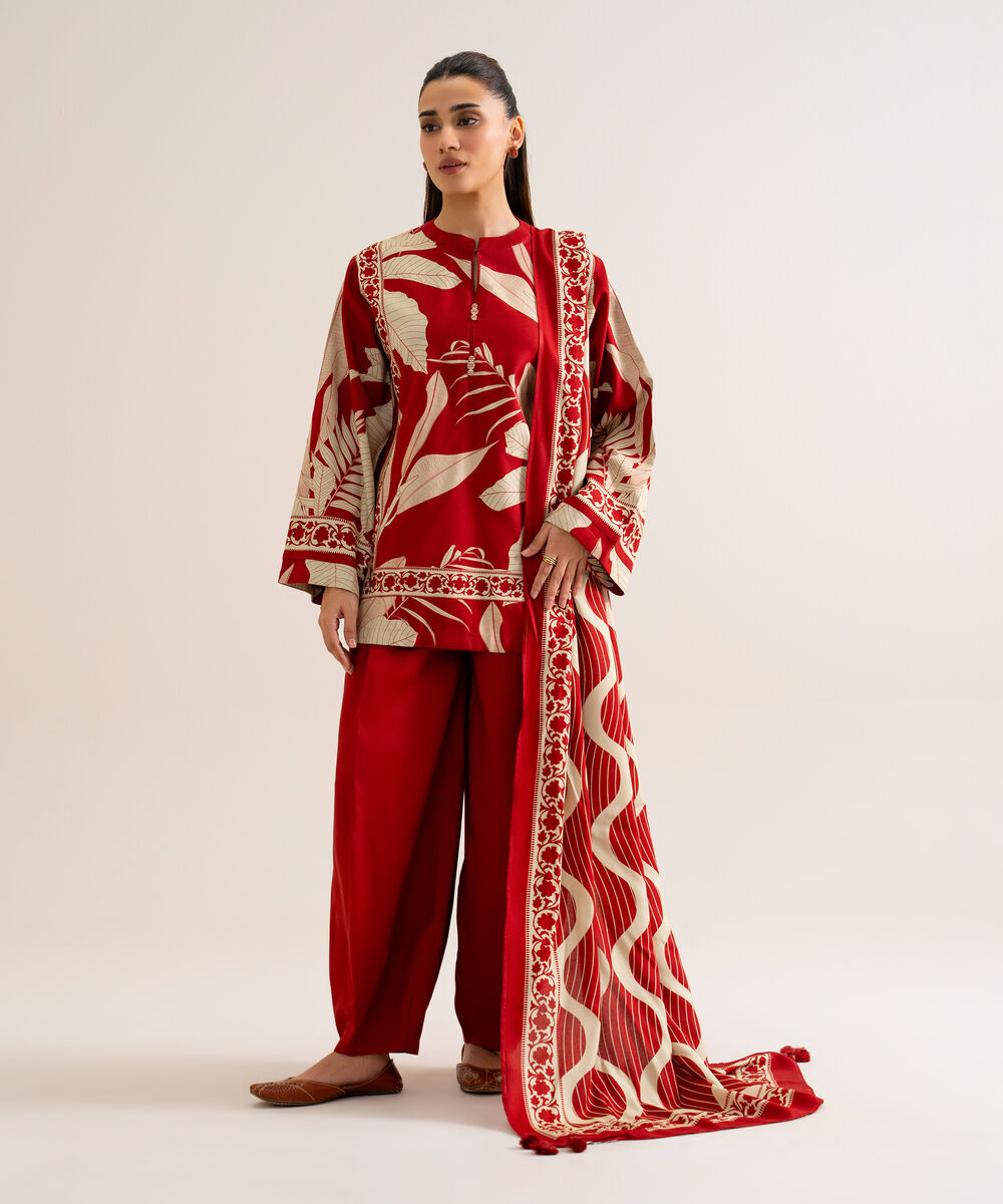 Women's Unstitched Viscose Linen Printed Red 3 Piece Suit