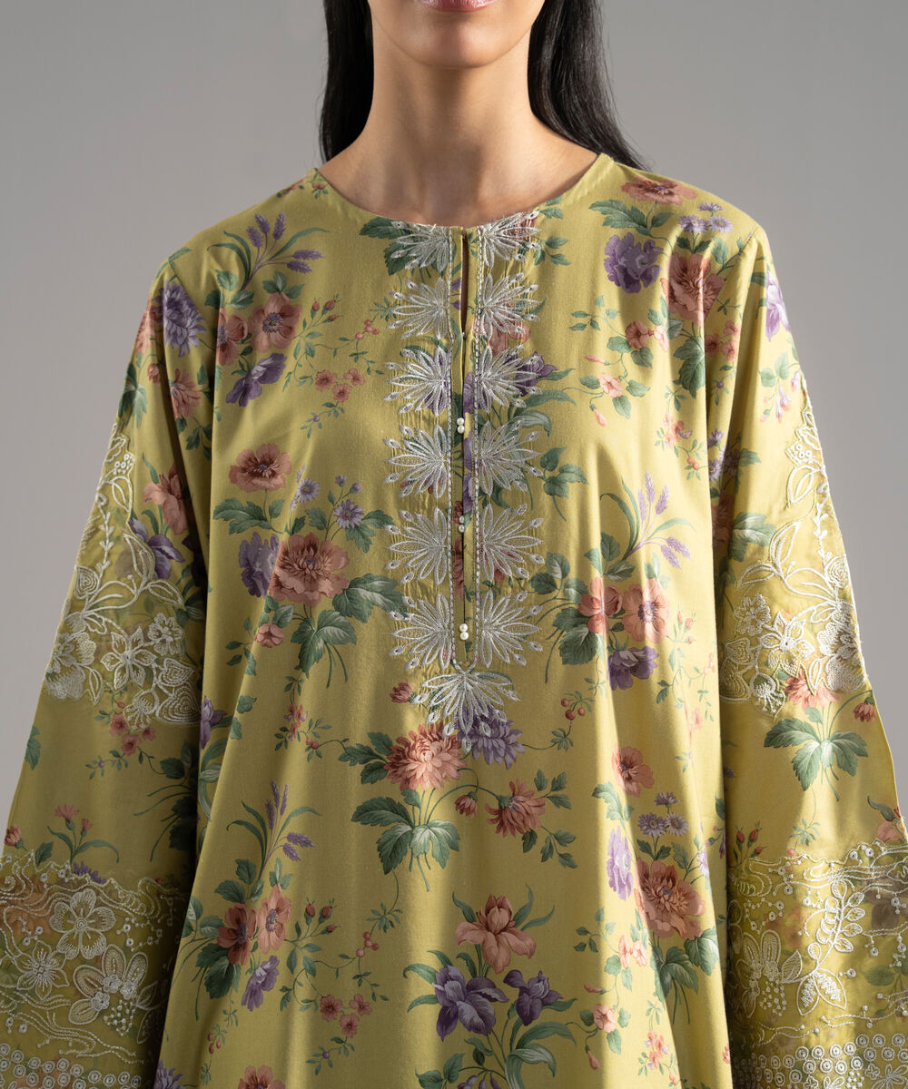 Women's RTW Cotton Viscose Printed Embroidered Yellow 2 Piece Suit
