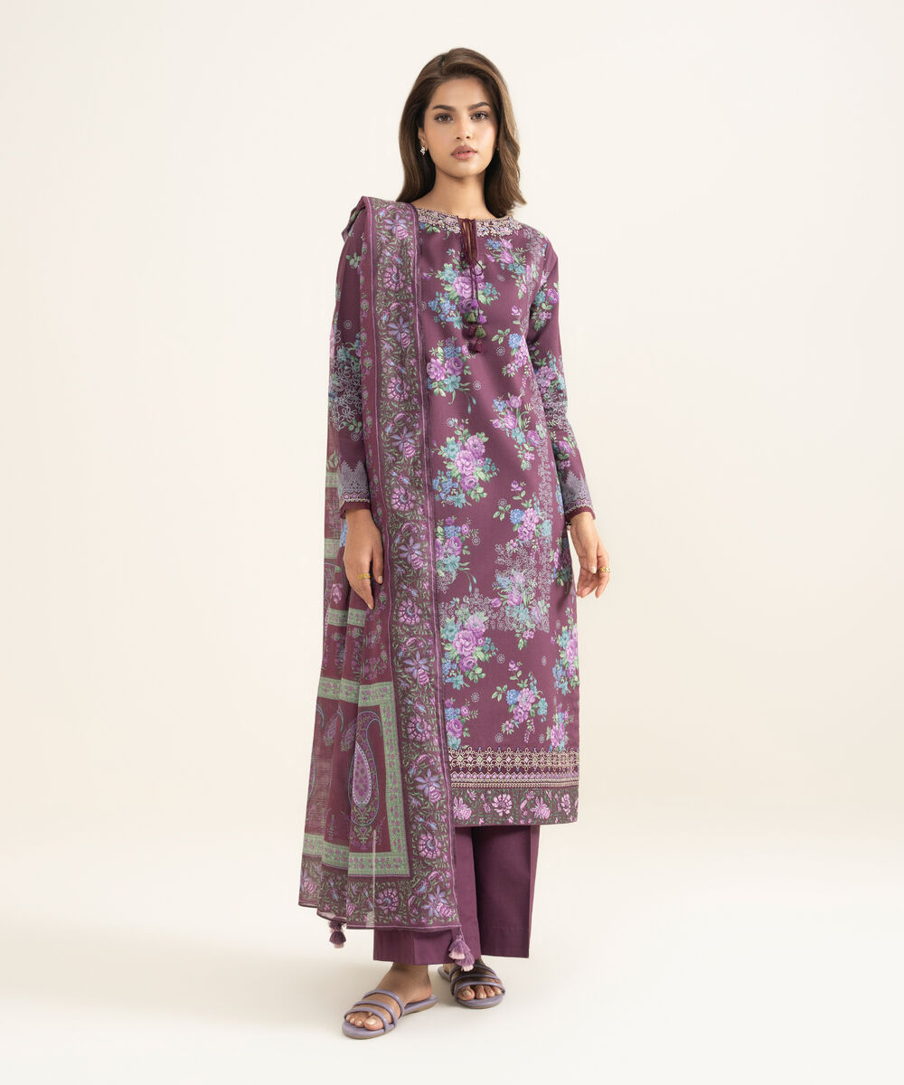 Women's Unstitched Lawn Embroidered Purple 3 Piece Suit