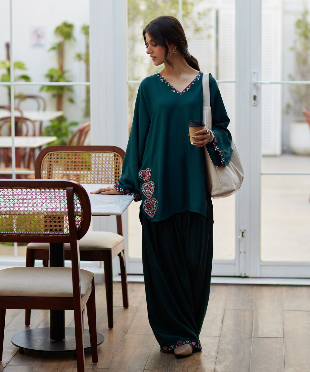Women's RTW Bedford Embroidered Green Boxy Shirt