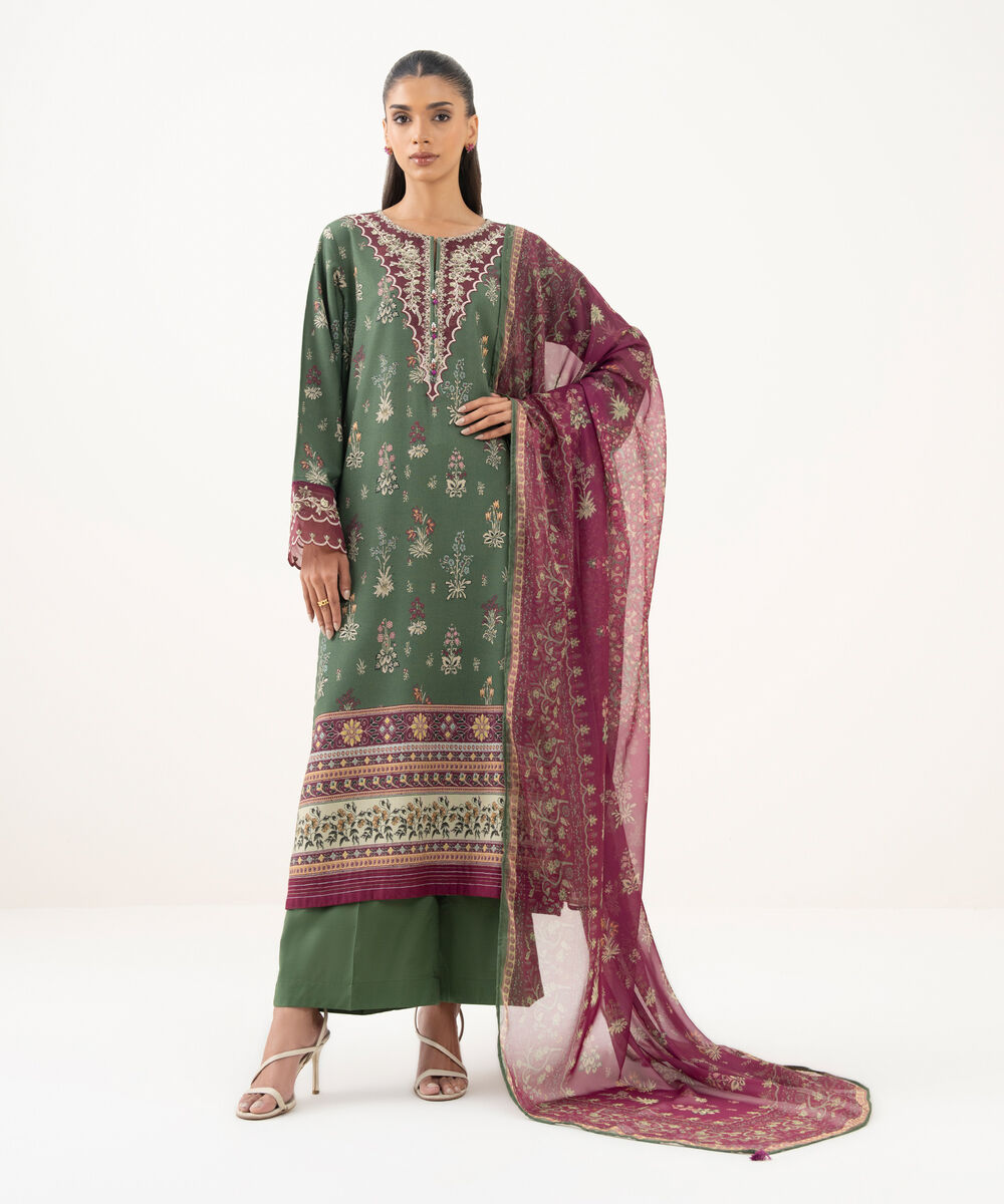 Women's RTW Textured Viscose Embroidered Green A-Line Shirt