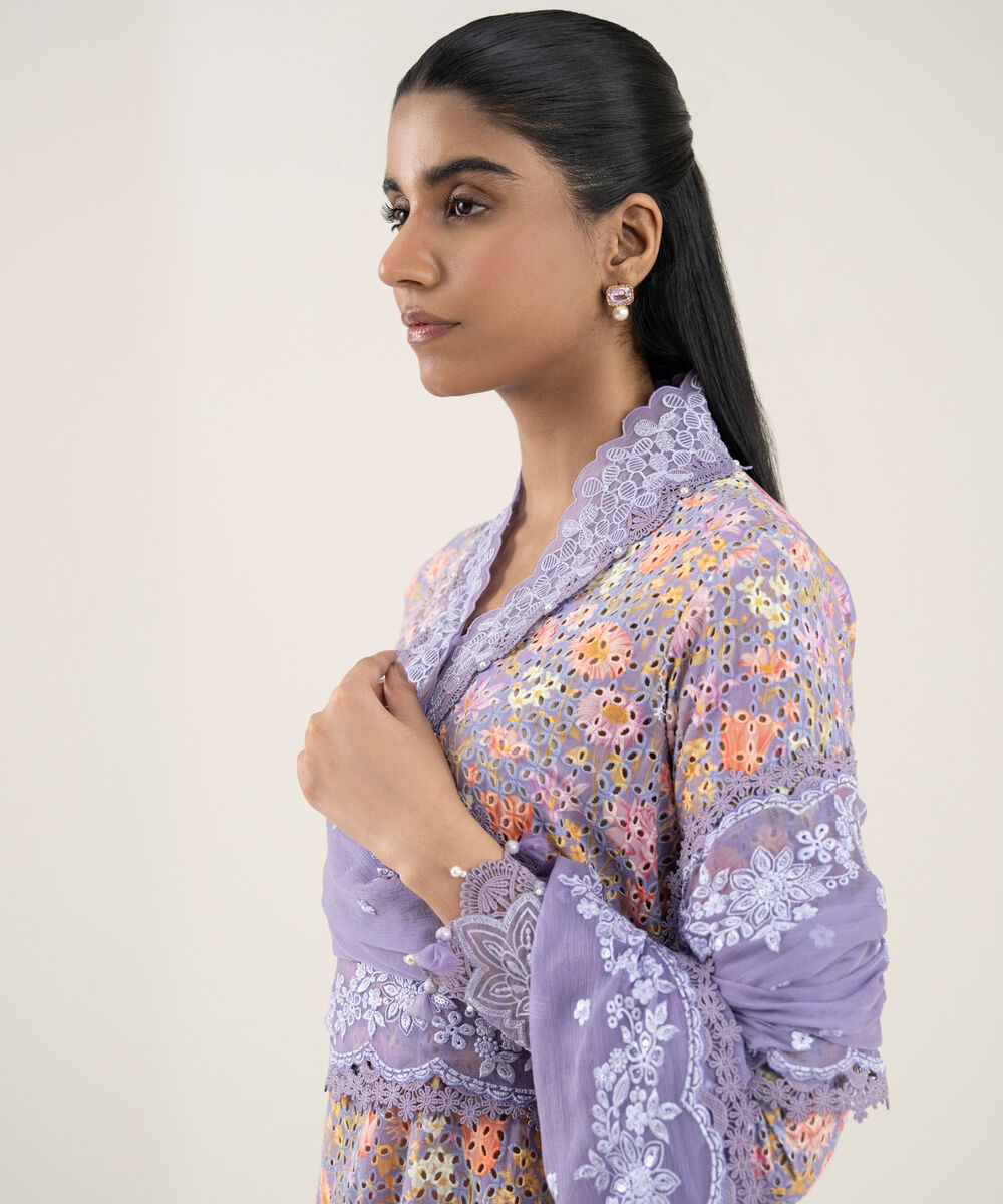 Women's Unstitched Cotton Embroidered Purple 3 Piece Suit