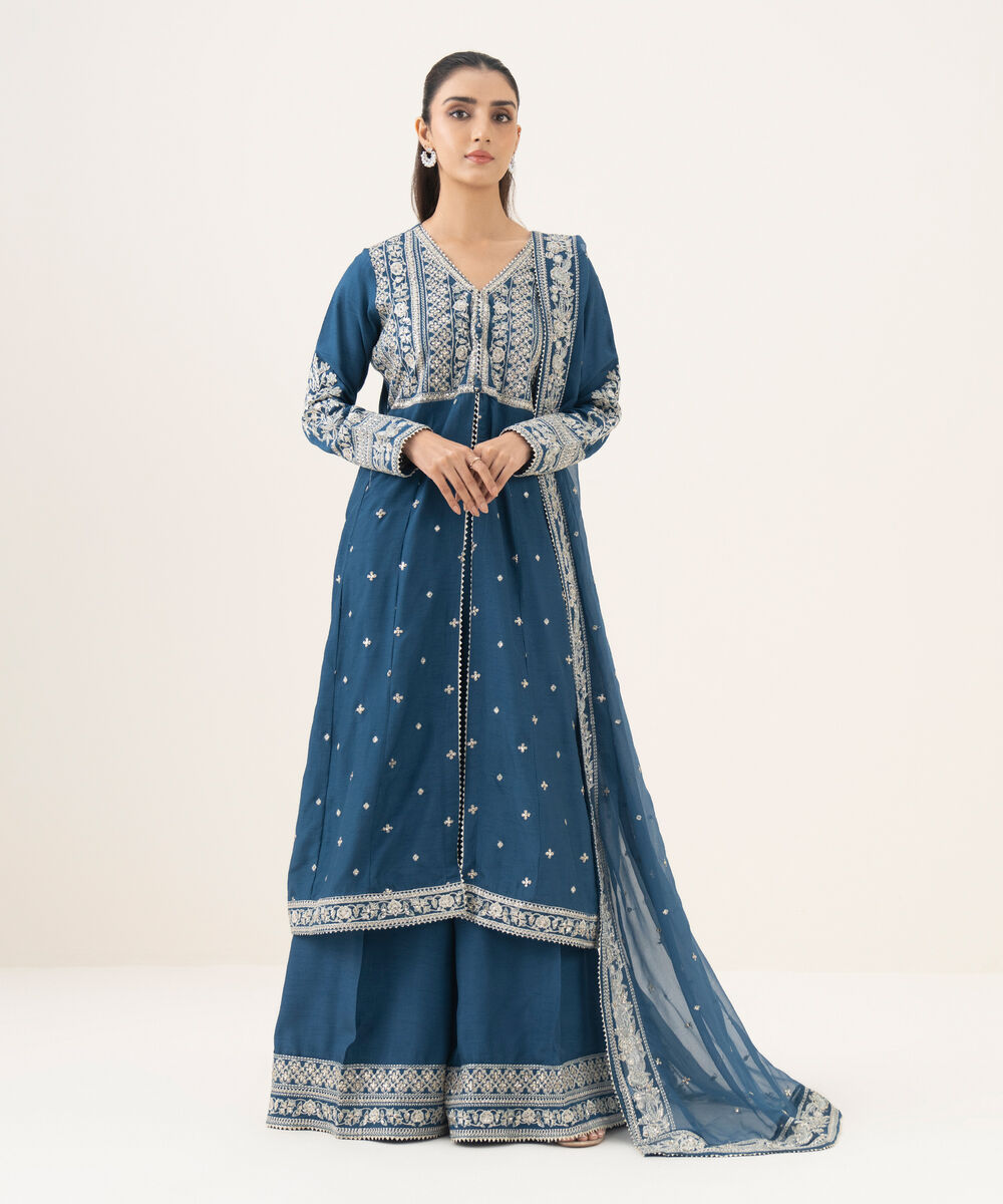 Women's RTW Raw Silk Embroidered Blue 3 Piece Suit