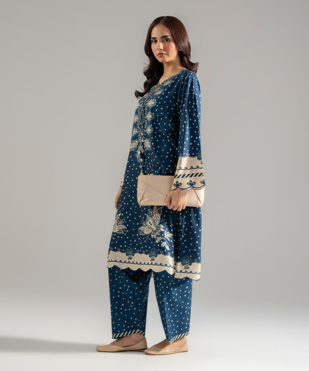 Women's RTW Arabic Lawn Printed Blue Straight Shirt