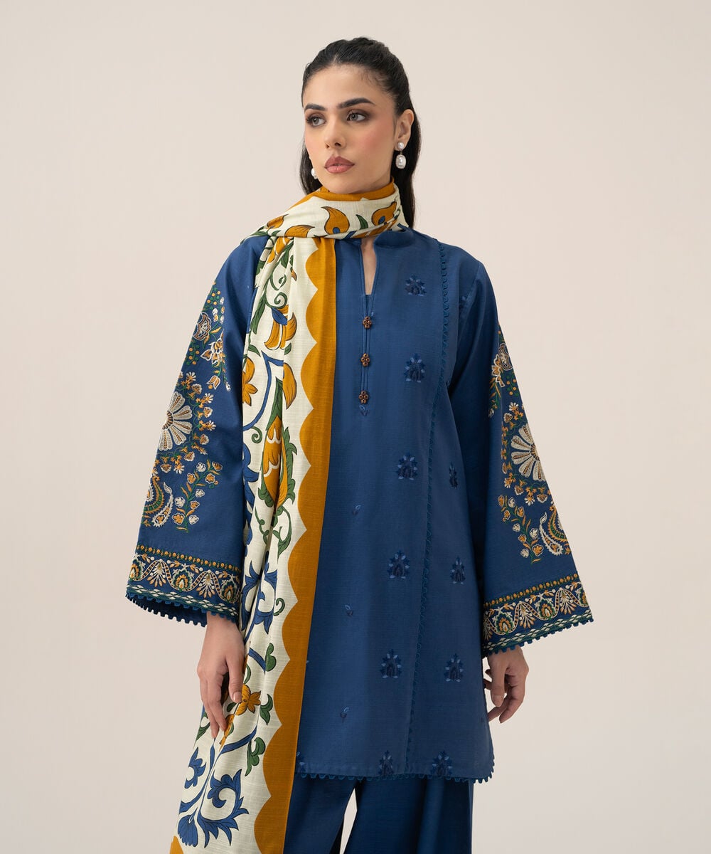Women's Unstitched Cotton Embroidered Blue 3 Piece Suit