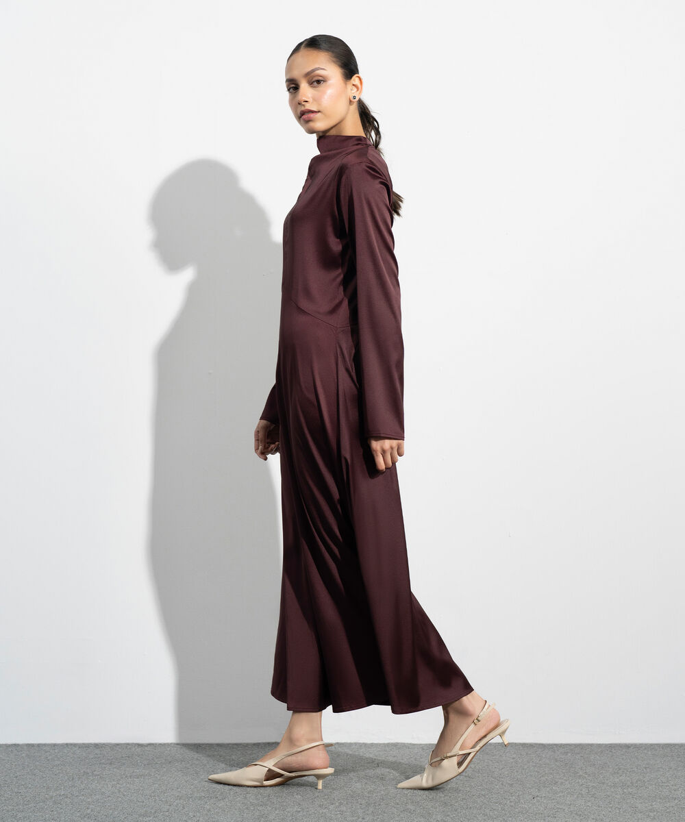 Women's Western Maroon Polka Dot Satin Dress