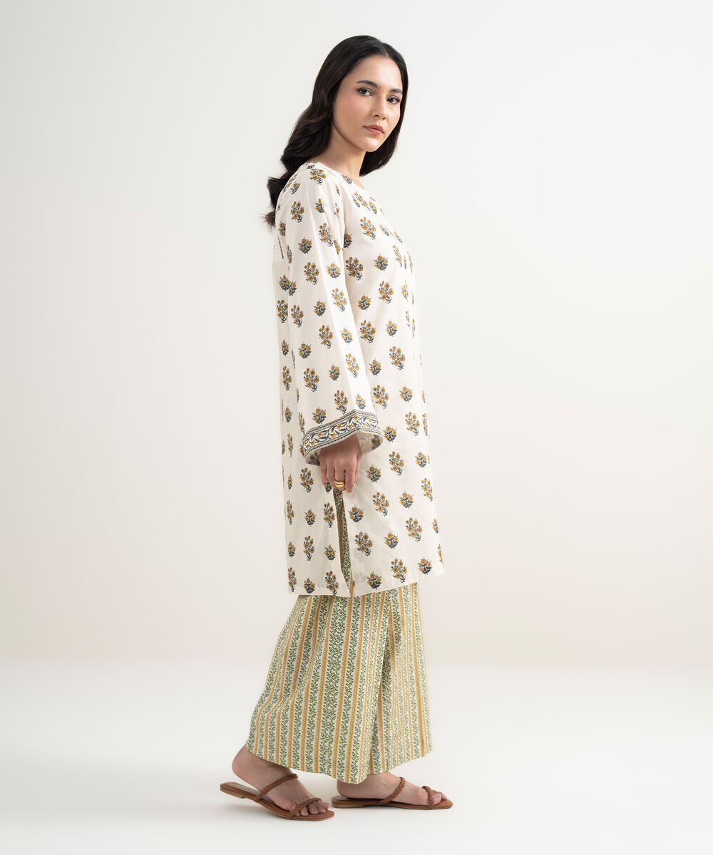 Women's RTW Lawn Printed Cream White Straight Shirt