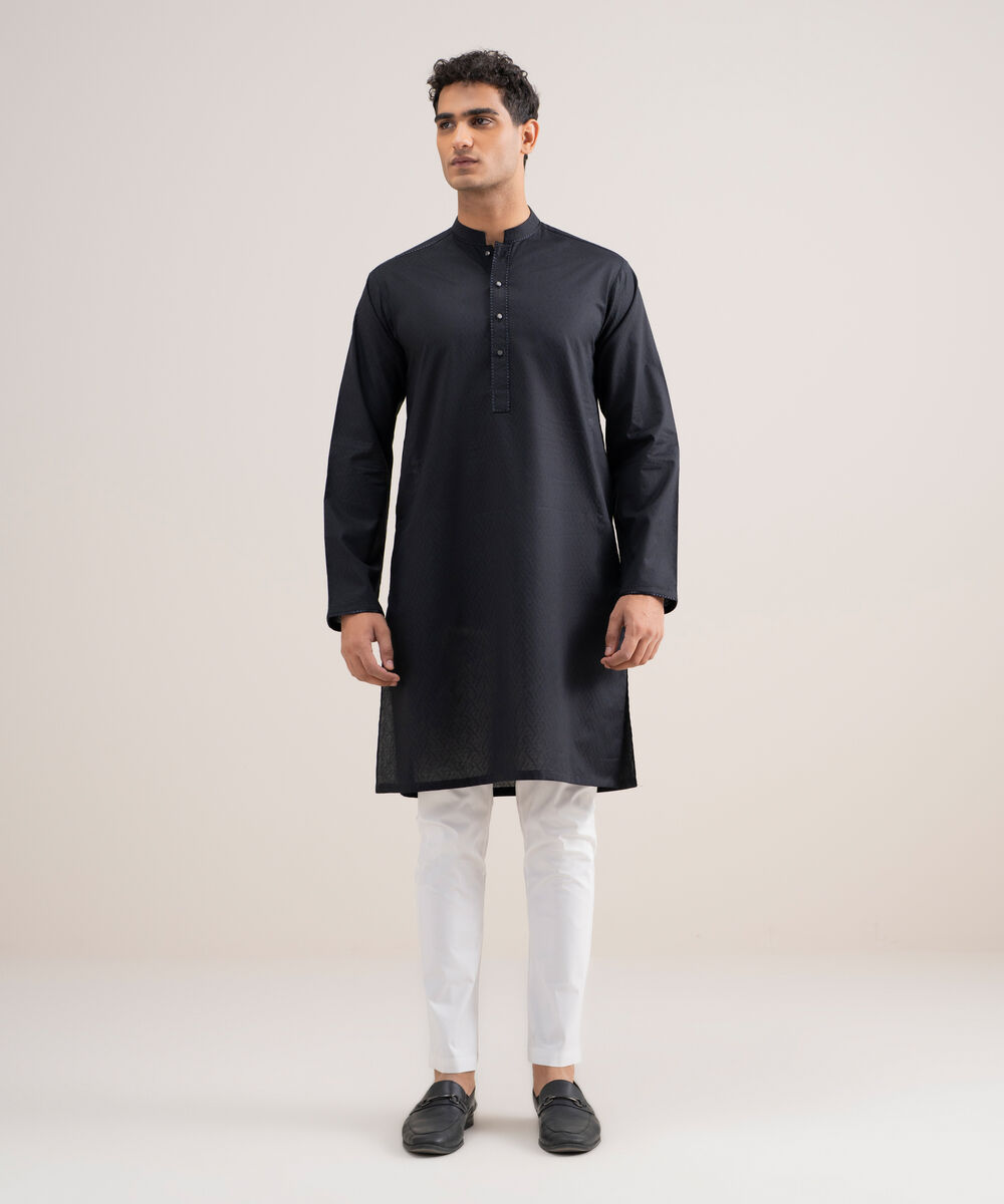 Men's Stitched Cotton Jacquard Black Kurta