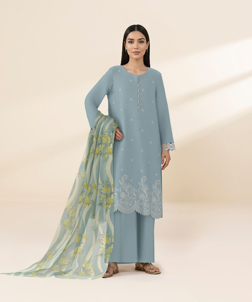 Women's Unstitched Self Jacquard Blue Embroidered 3 Piece Suit