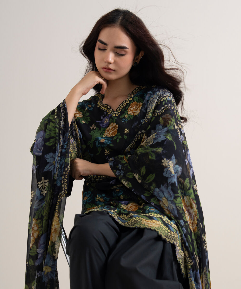 Women's Unstitched Arabic Lawn Printed Black
