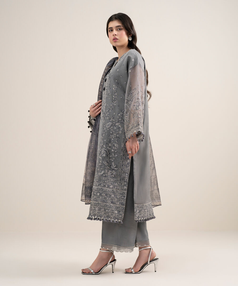 Women's Unstitched Blended Viscose Khaddi Net Embroidered Grey 3 Piece Suit