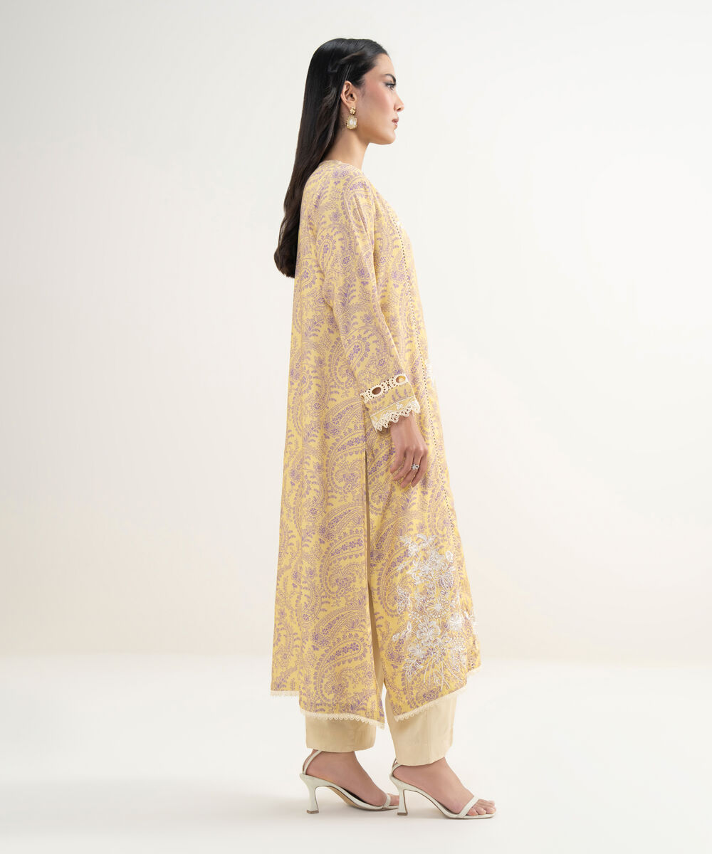Women's RTW Viscose Raw Silk Embroidered Yellow A-Line Shirt