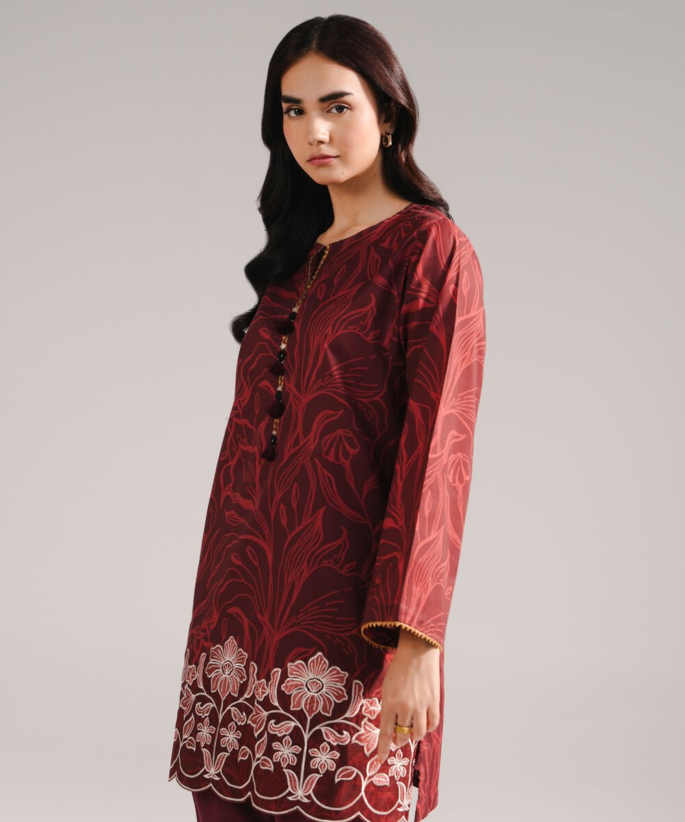 Women's RTW Slub Lawn Embroidered Deep Maroon 2 Piece Suit