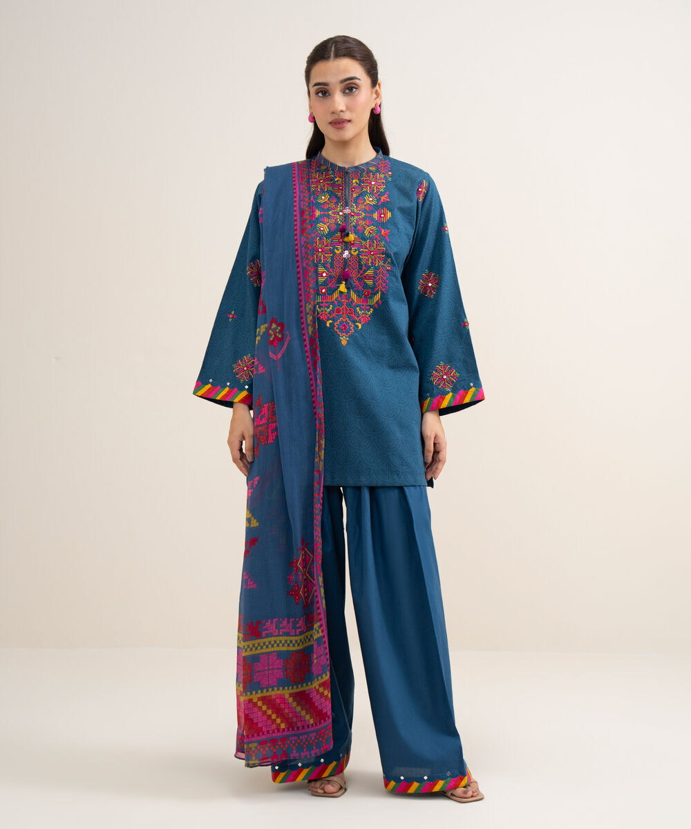 Women's Unstitched Lawn Embroidered Blue 3 Piece Suit