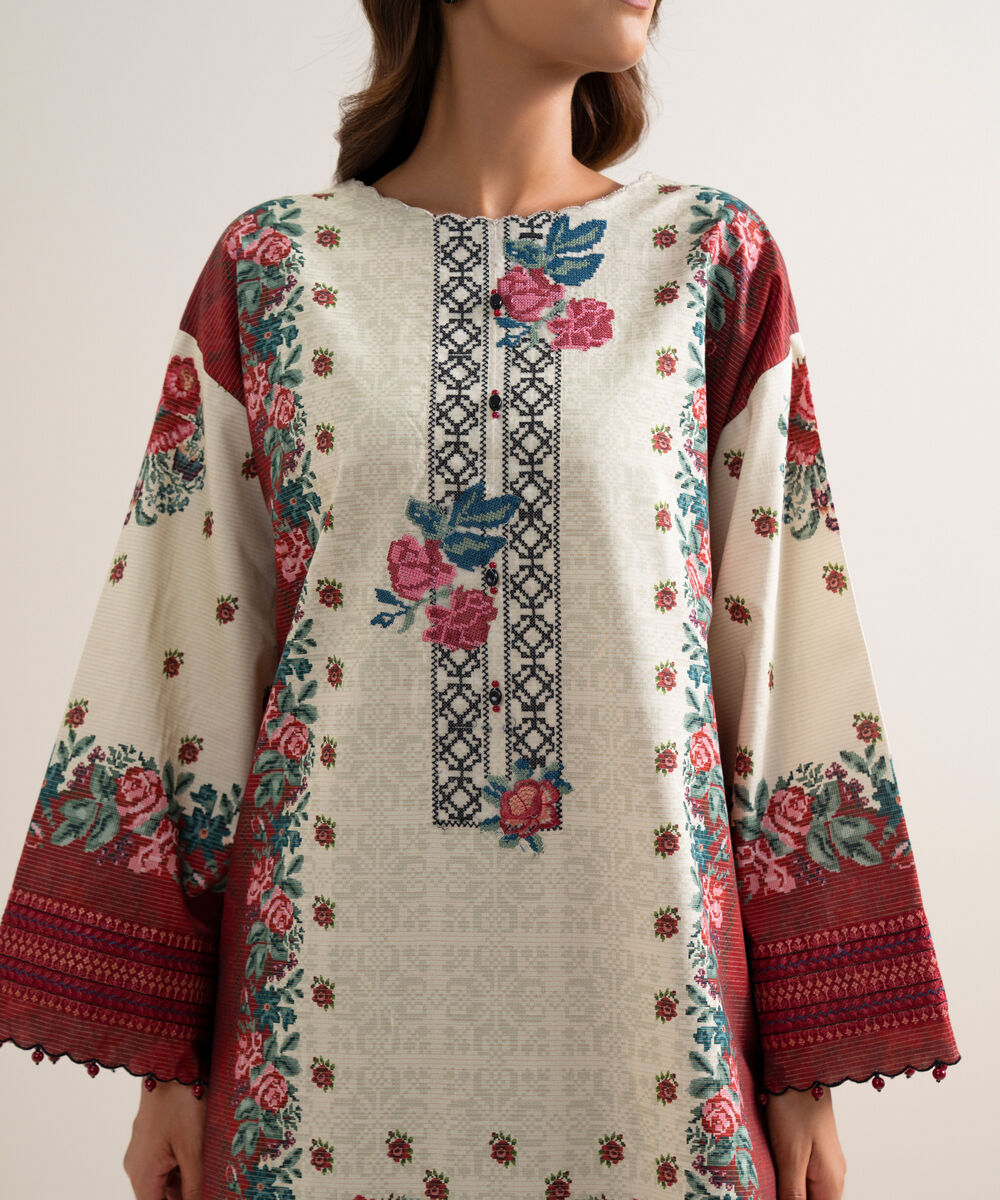 Women's Unstitched Zari Cotton Embroidered Multi 3 Piece Suit