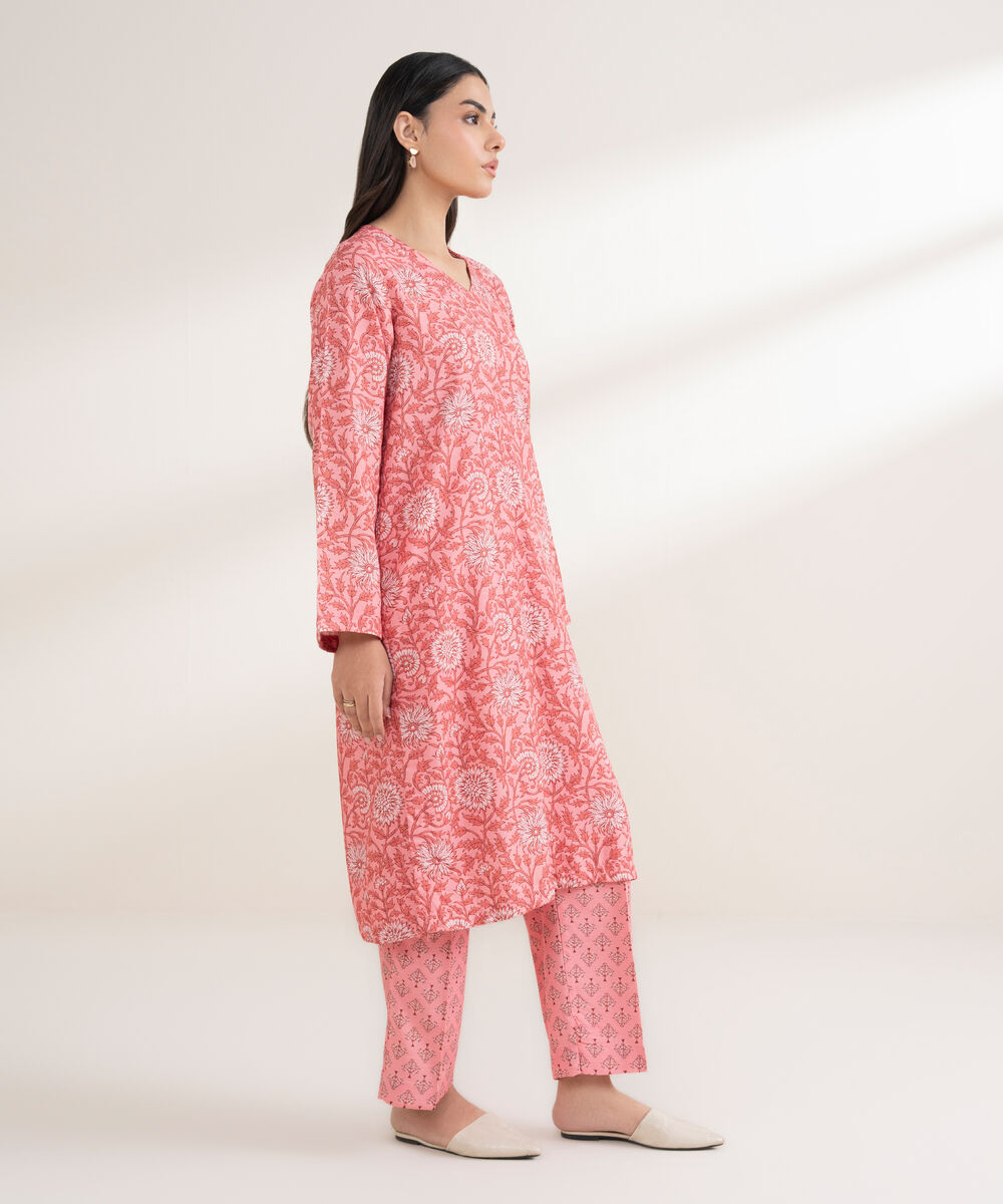 Women's RTW Arabic Khaddar Printed Straight Pink Shirt