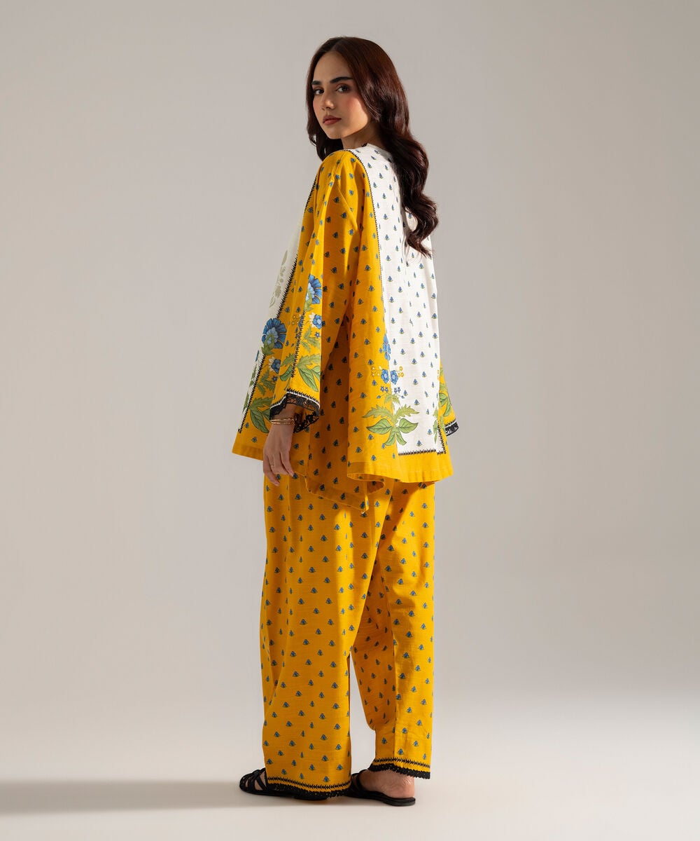 Women's RTW Printed Yellow Khaddar Flared A-Line Shirt