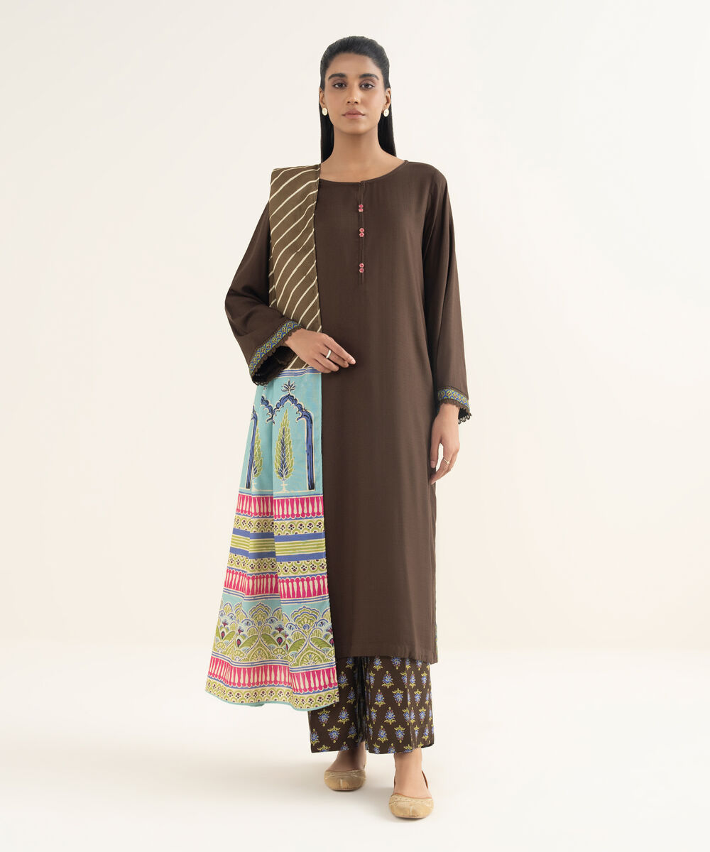 Women's RTW Textured Viscose Solid Brown Straight Shirt