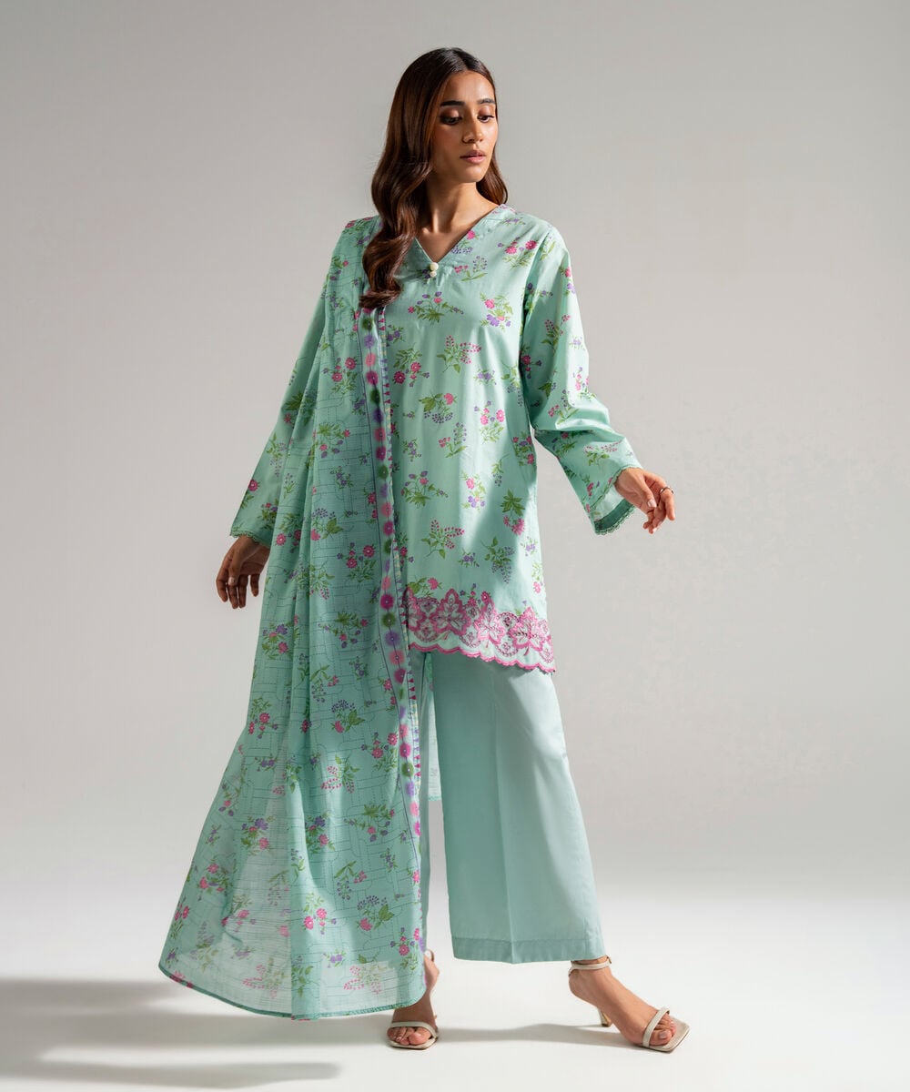 Women's RTW Lawn Embroidered Pastel Mint 3 Piece Suit