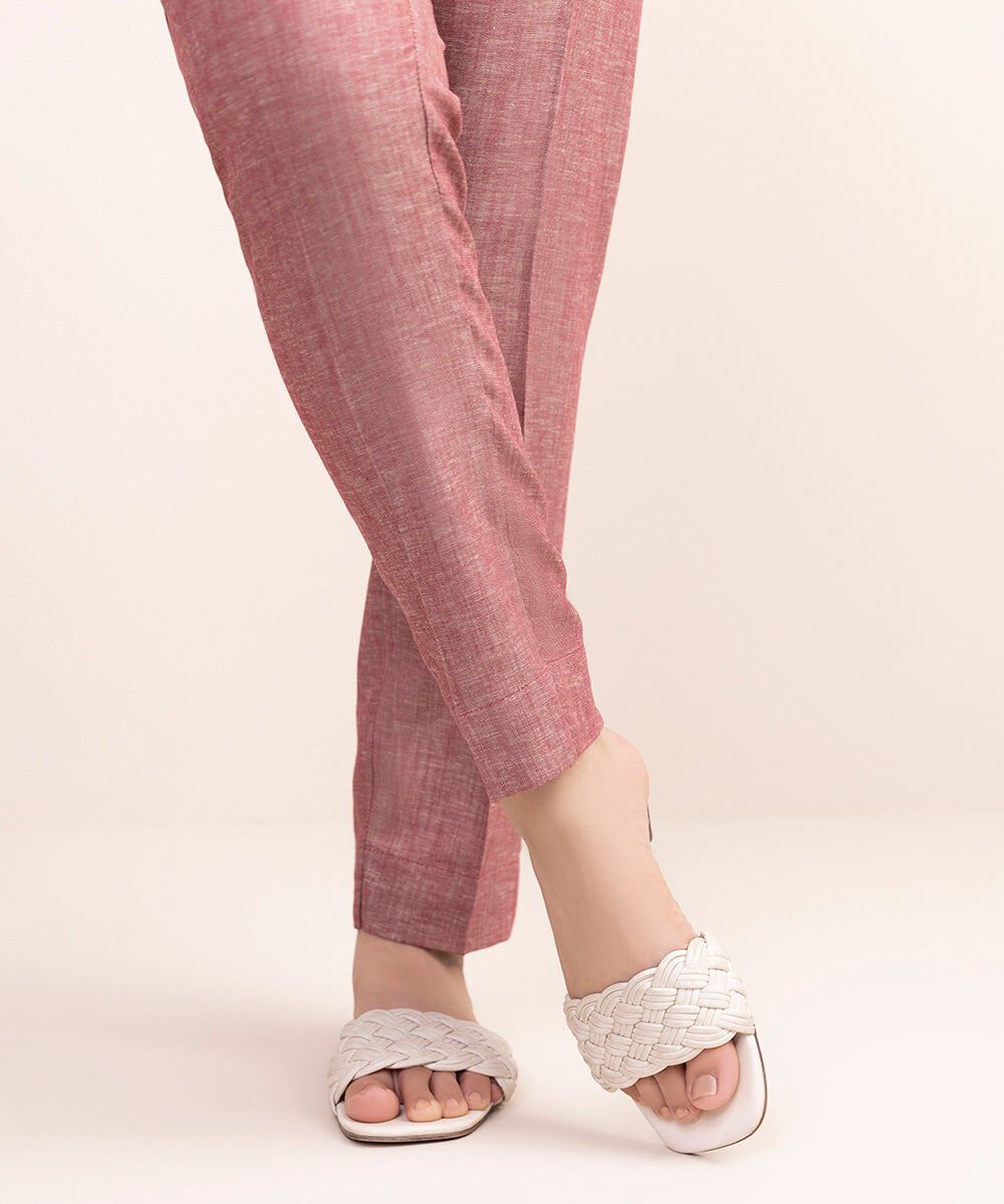 Cotton Linen Cigarette Pants Women's Pret Cotton Linen Pink Solid Cigarette Pants