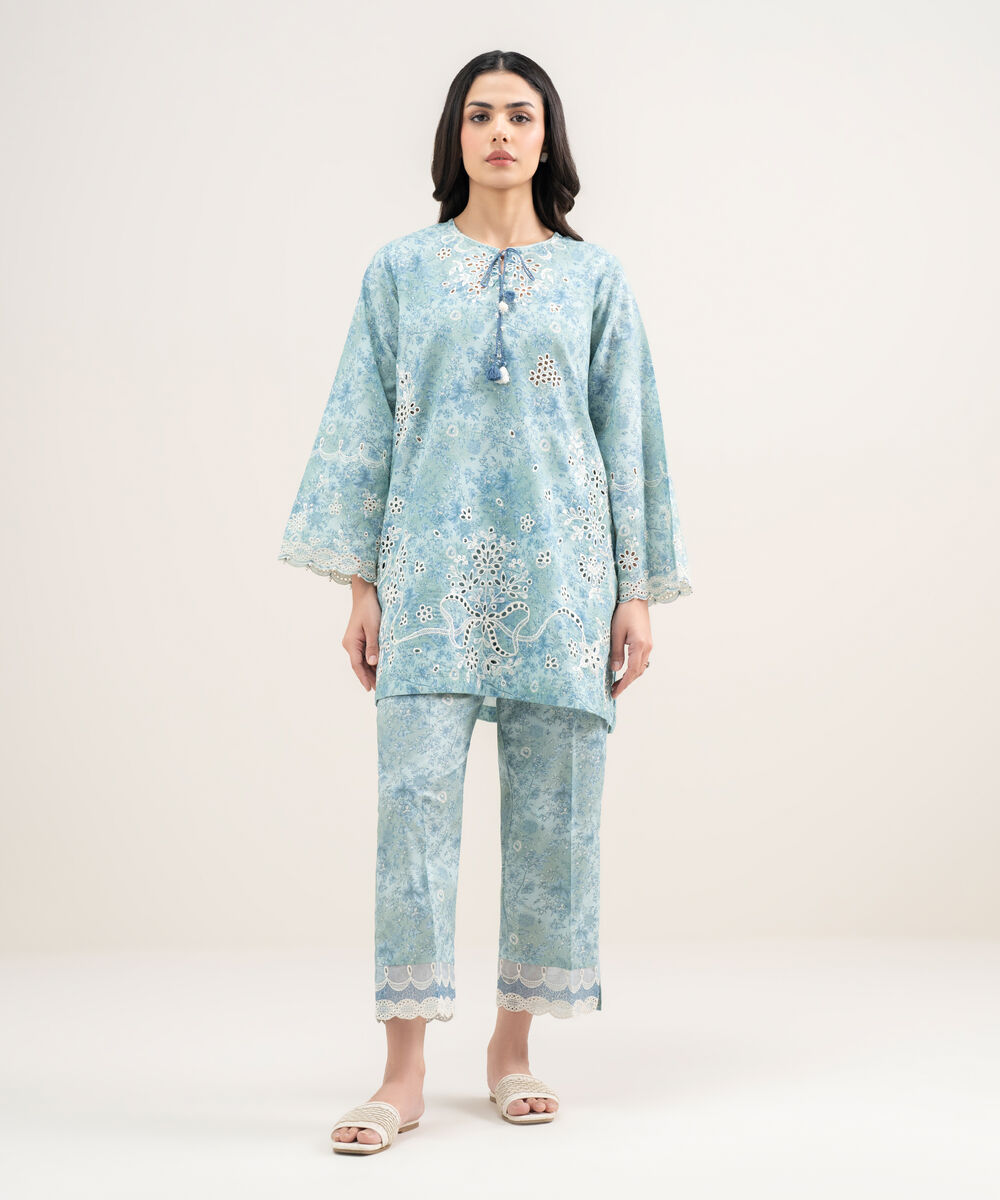 Women's RTW Zari Cotton Embroidered Blue Straight Shirt
