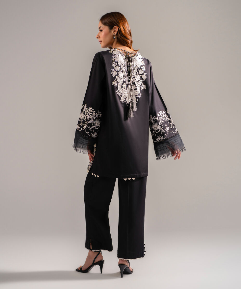 Women's RTW Cotton Satin Embroidered Black 2 Piece Suit
