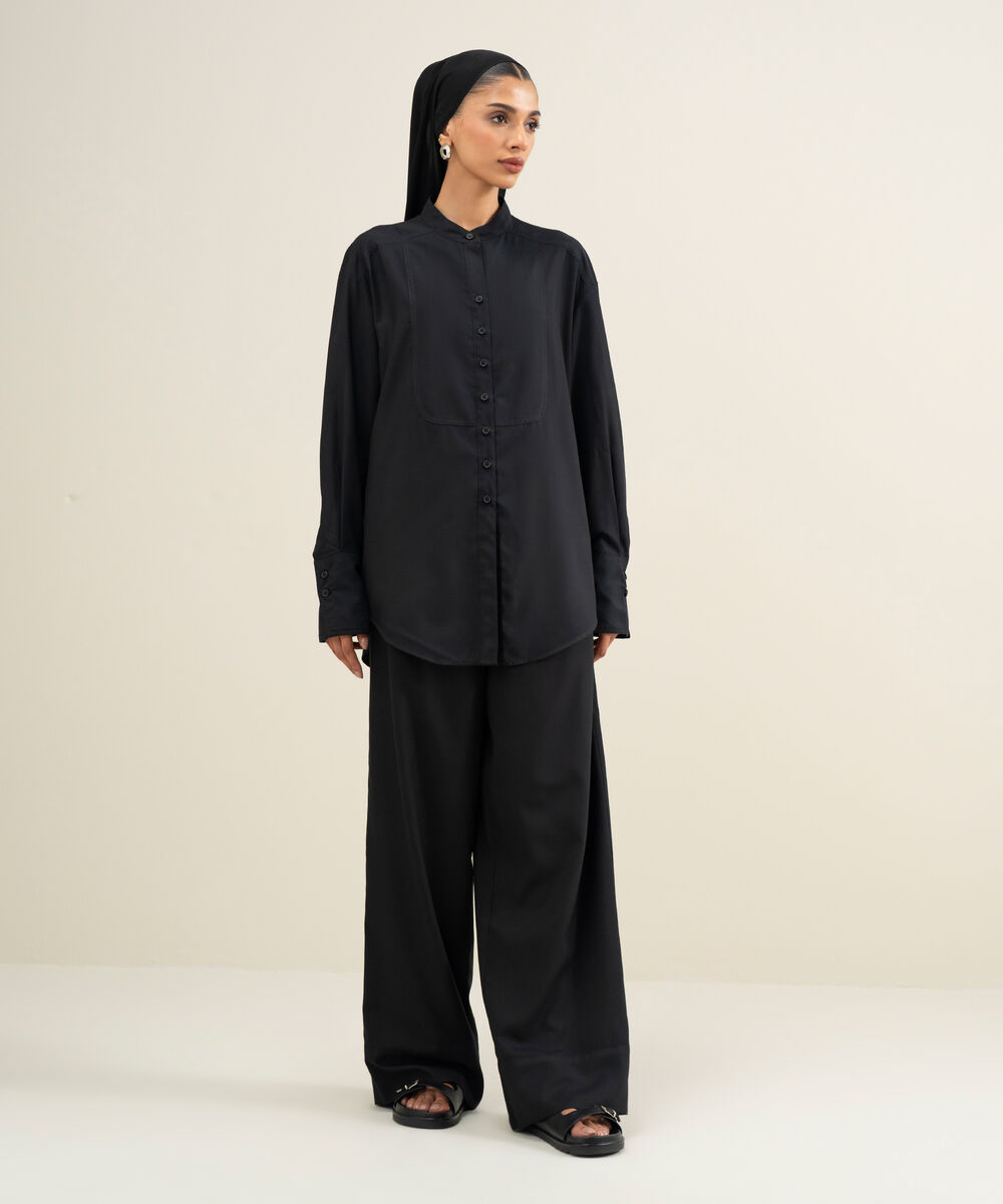 Women's Black Viscose Blend Button Down