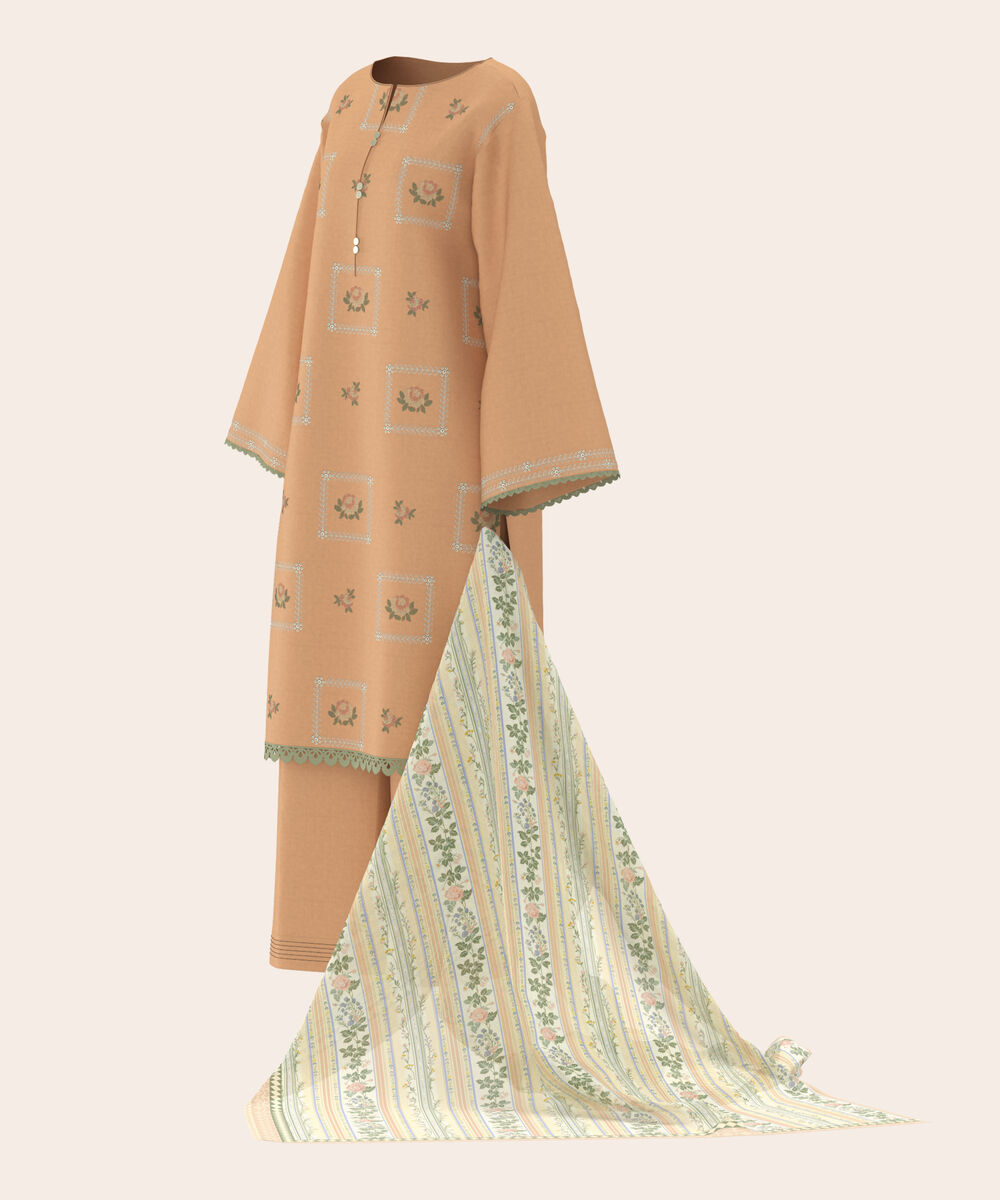Women's Unstitched Self Jacquard Peach  Embroidered 3 Piece Suit