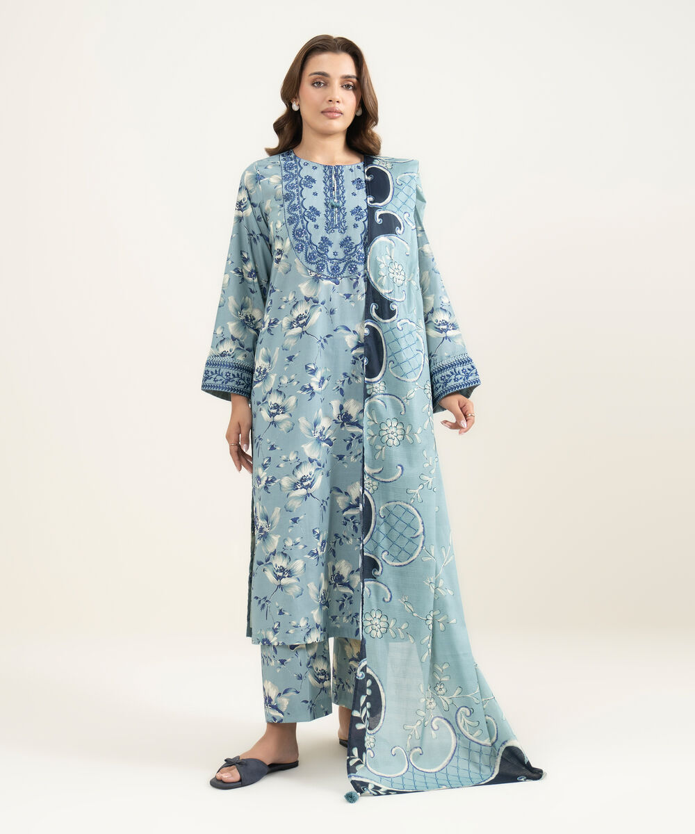 Women's RTW Slub Lawn Embroidered Blue 3 Piece Suit