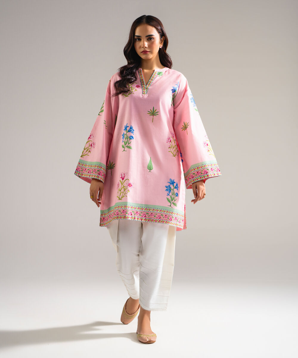 Women's RTW Slub Lawn Printed Pink Drop Shoulder Shirt