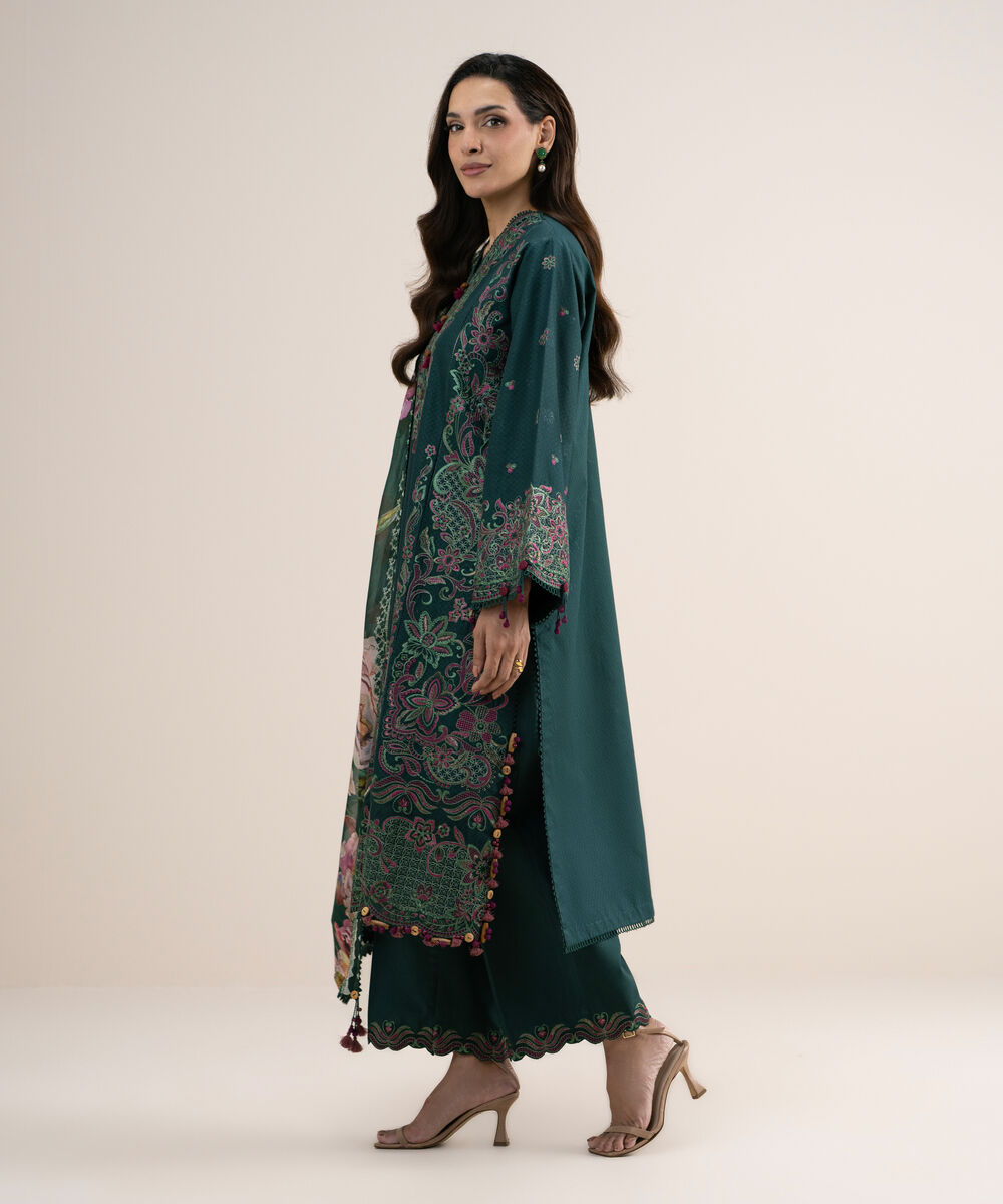 Women's Unstitched Embroidered Dobby Green 3 Piece Suit