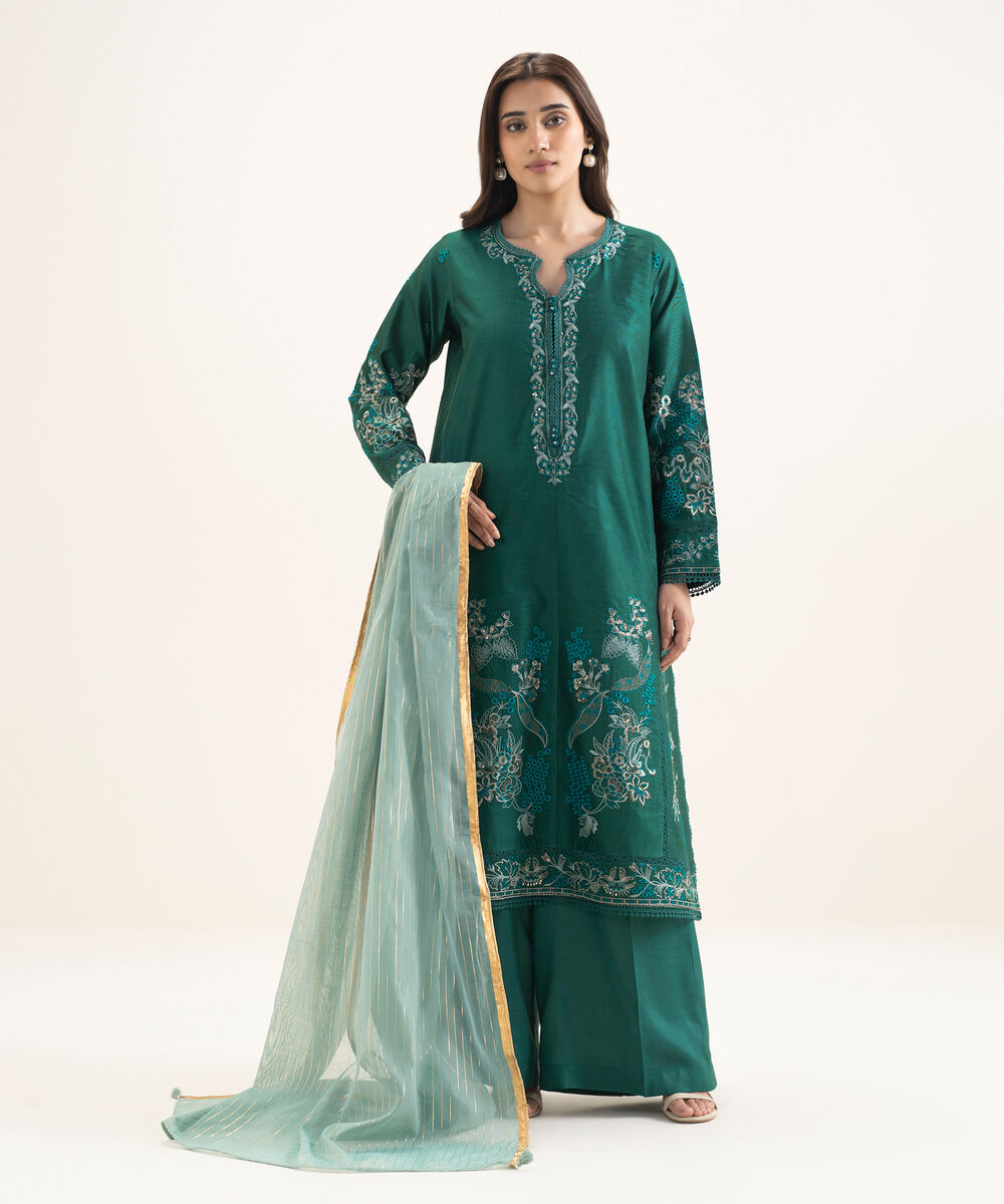 Women's RTW Silk Cotton Net Embroidered Green 3 Piece Suit