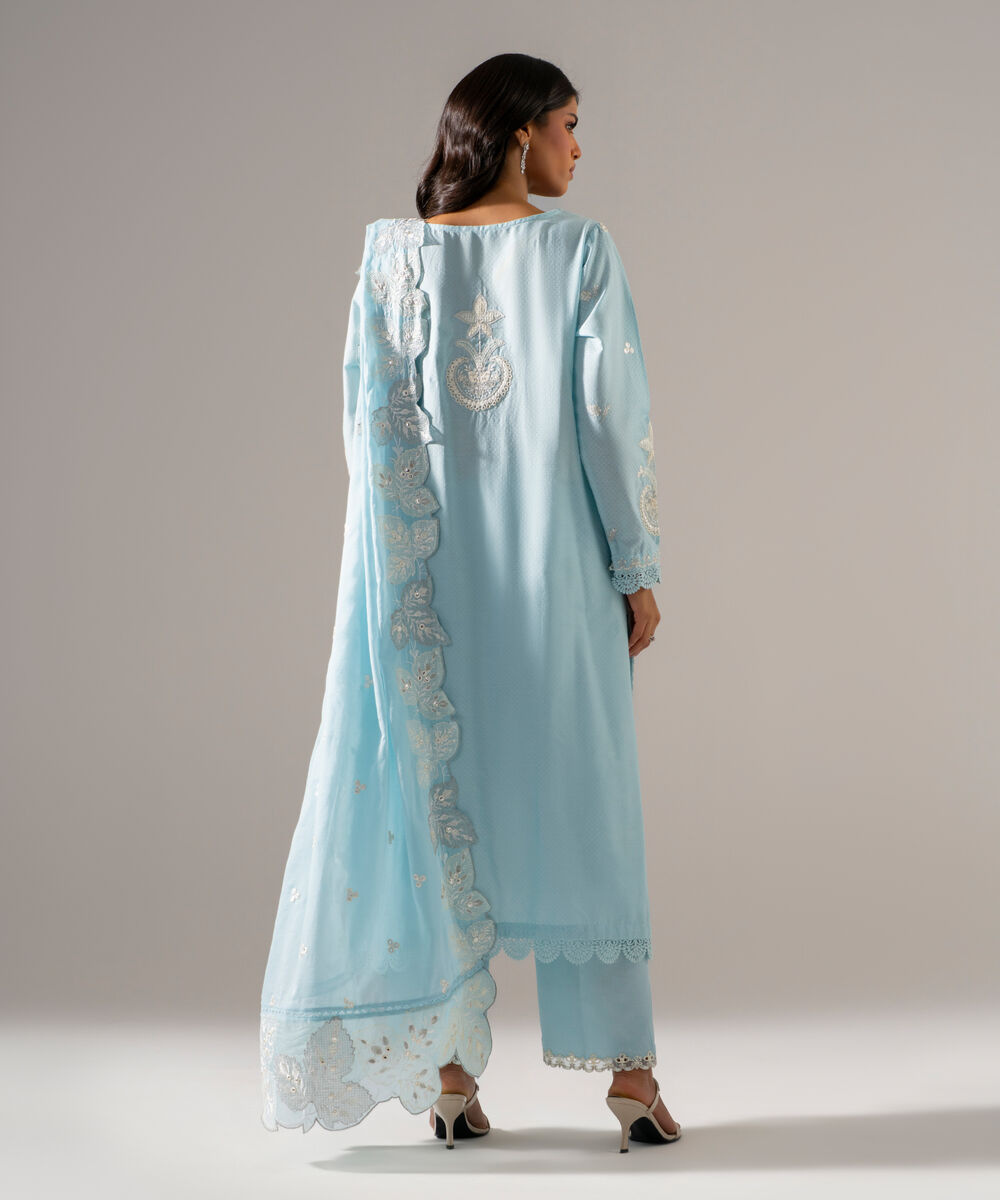 Women's RTW Dobby Solid Embroidered Blue 3 Piece Suit