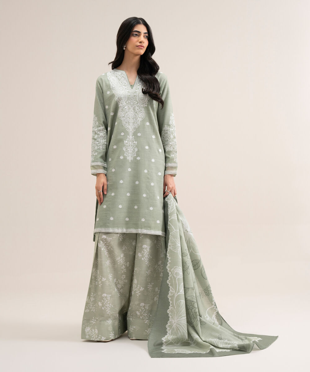 Women's Unstitched Premium Khaddar Embroidered Light Green 3 Piece Suit